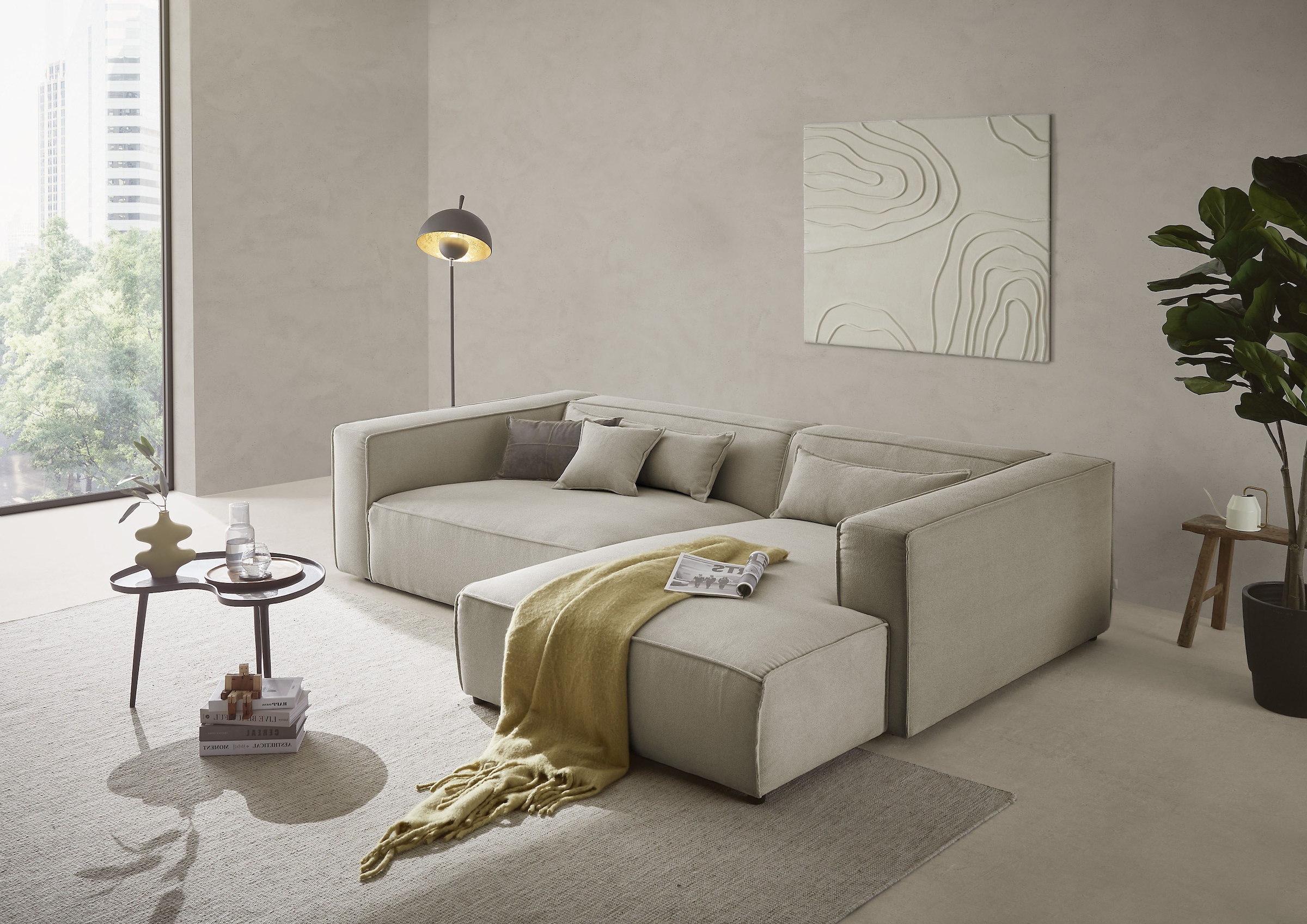 LeGer Home by Lena Gercke Ecksofa »PIARA XXL, Big-Sofa in Cord oder Leinenoptik, L-Form, mit Kedernaht«, wahlweise Ottomane rechts/links, schwarze Füße, extra tiefe Sitzfläche