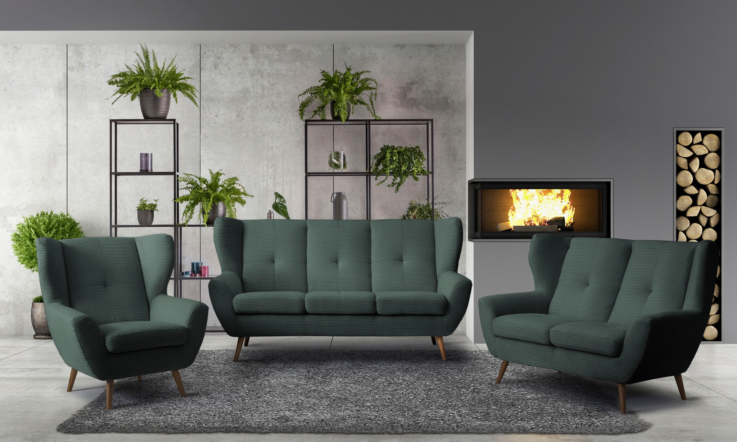 exxpo - sofa fashion 2-Sitzer »ALVESTA, Loungesofa, Küchensofa, hoher Sitzkomfort, Ohrenbackensofa«, gemütliche Rückenlehne, mit Knopfheftung und hohen Holzfüßen, in Cord