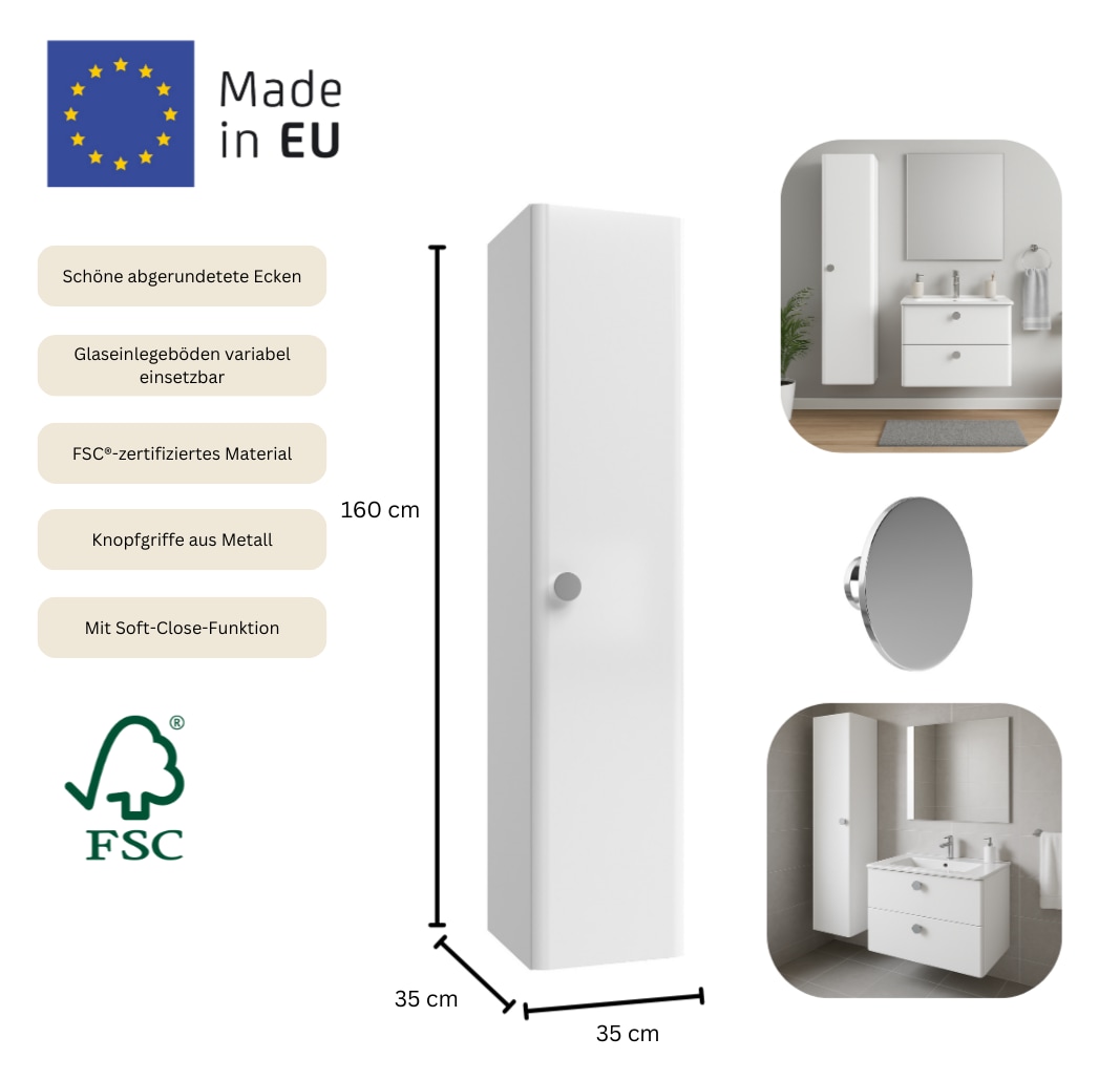 welltime Hochschrank »Round« B/T/H: 35/35/160 cm,  mit Soft-Close-Funktion, FSC® zertifiziert
