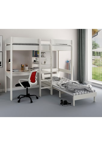 Hochbett »Stockbett "ROBIN " zertifiziertes Massivholz«, mit Schreibtisch und Regalen