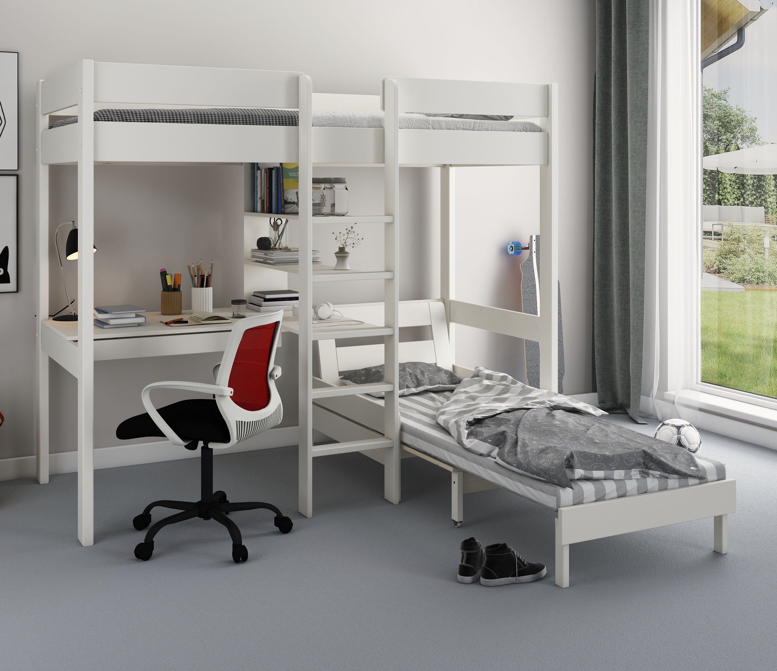 Hochbett »"ROBIN " zertifiziertes Massivholz«, mit Schreibtisch und Regalen
