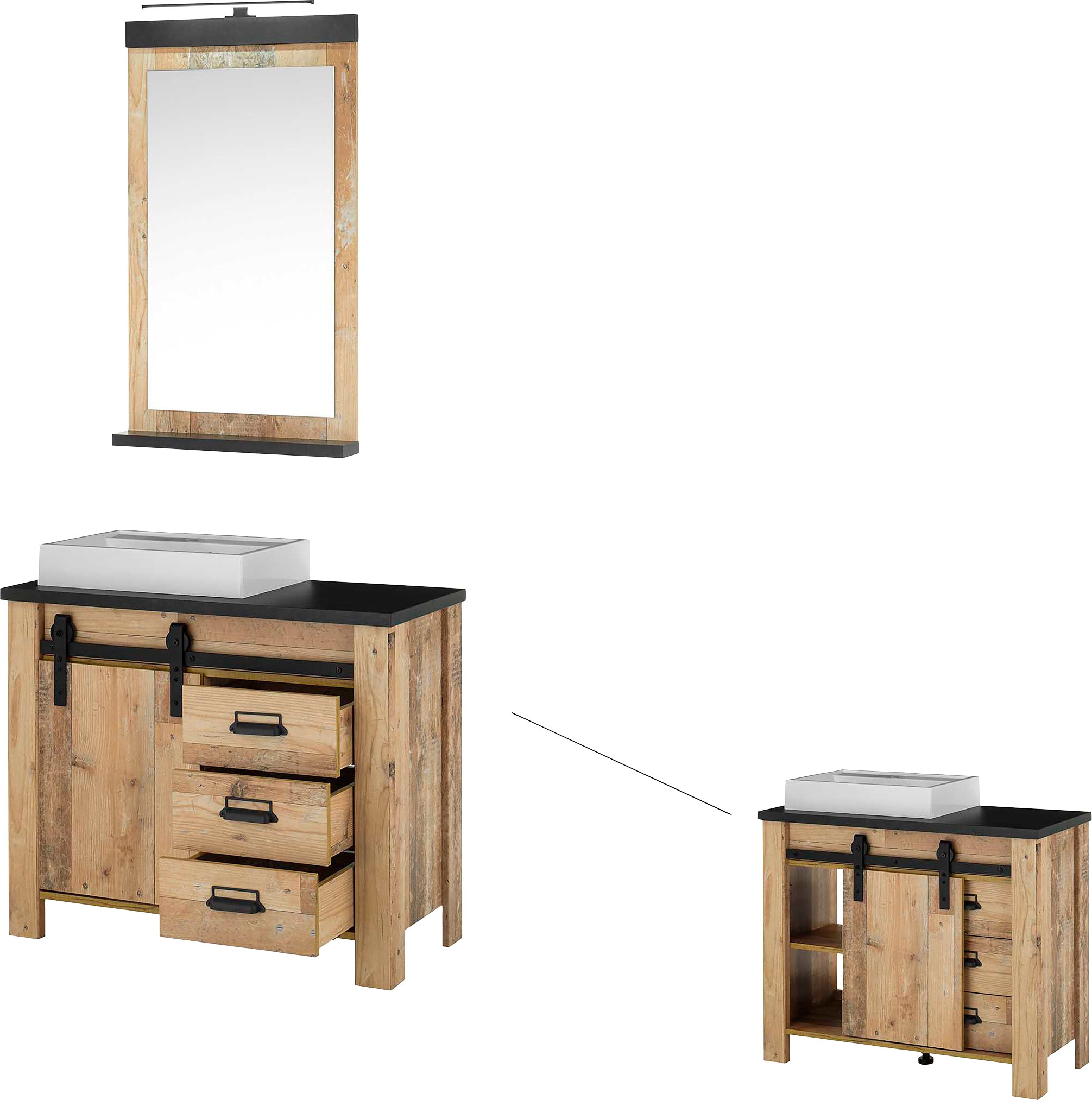 Home affaire Badmöbel-Set »SHERWOOD, Bad im modernen Design, 2-teiliges Badezimmer«, (2 St.), in 2 Farben verfügbar, Scheunentorbeschlag & Apothekergriff aus Metall