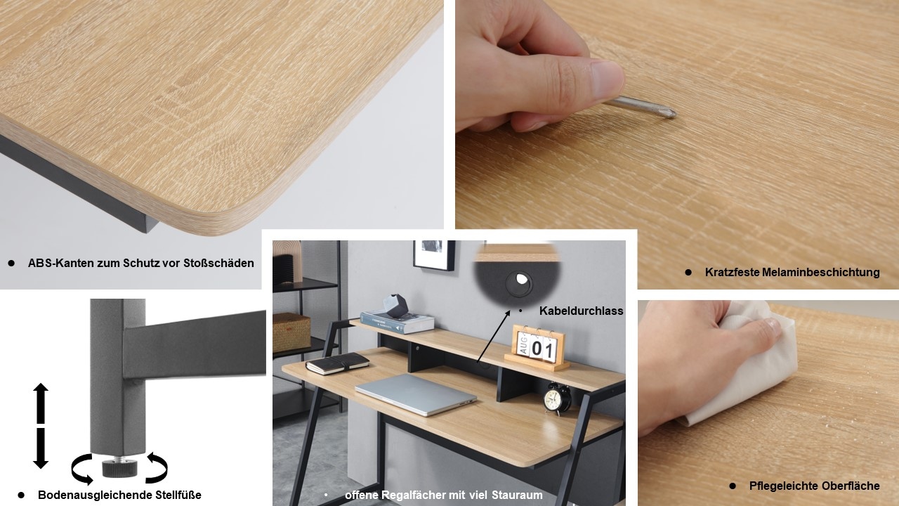 INOSIGN Schreibtisch »Horda, Computertisch mit Monitoraufsatz & Kabeldurchlass,«, asymetrisches Metallgestell, abgerundete ABS-Kanten, Breite 124 cm