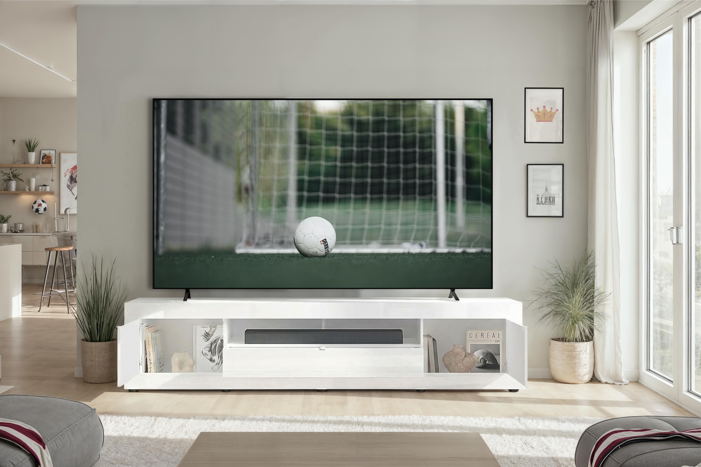 Home affaire Lowboard »Basic, 245 cm breit, 47 cm tief, 2 Türen, 1 Schubkasten, Medienboard« Modernes Lowboard für bis zu 98-Zoll-TV – perfekt für die WM