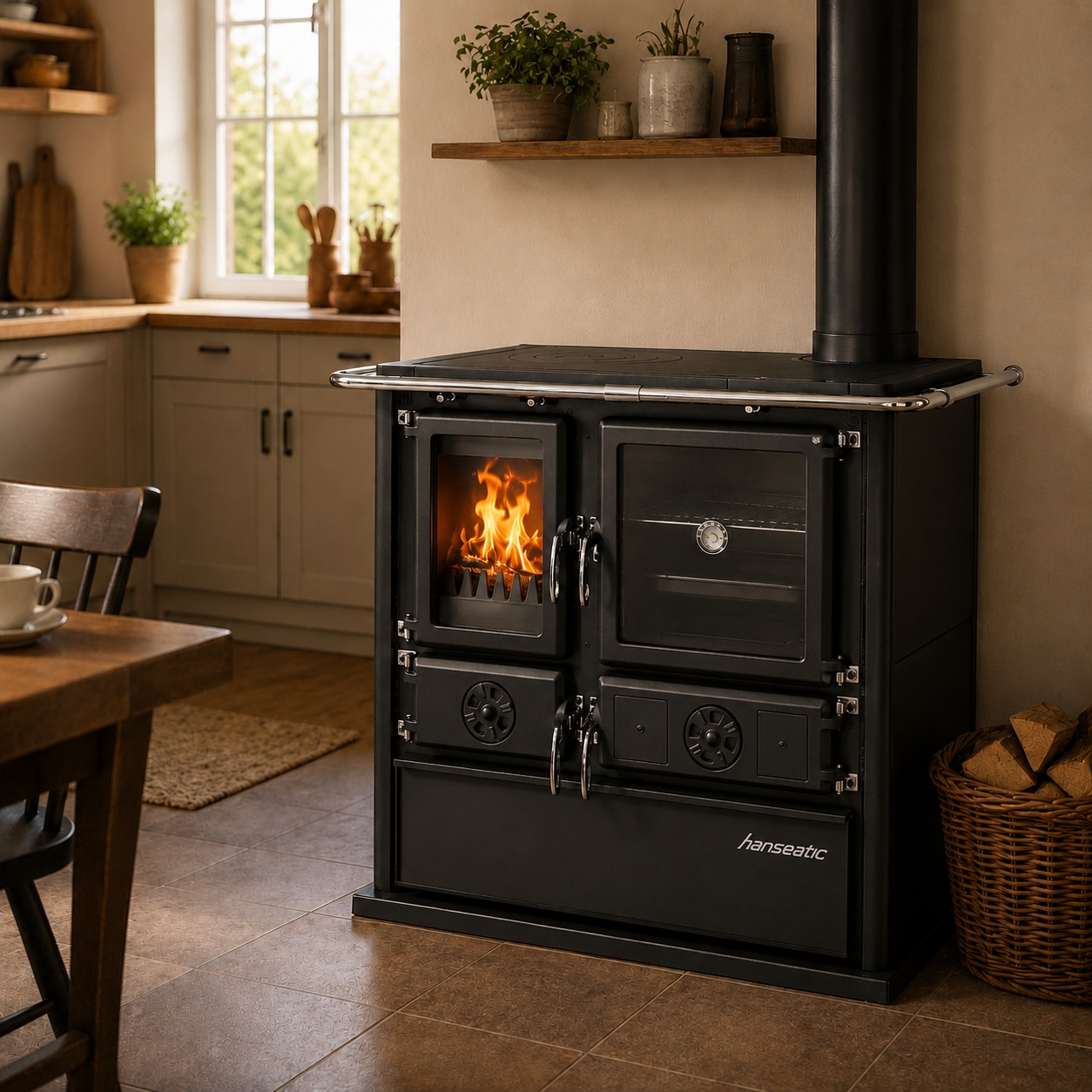 Hanseatic Festbrennstoffherd »Cook Premium Pure Black, Exklusiv, Lieferung bis in die Küche« Küchenofen, Ofenherd zum Heizen, Kochen & Backen