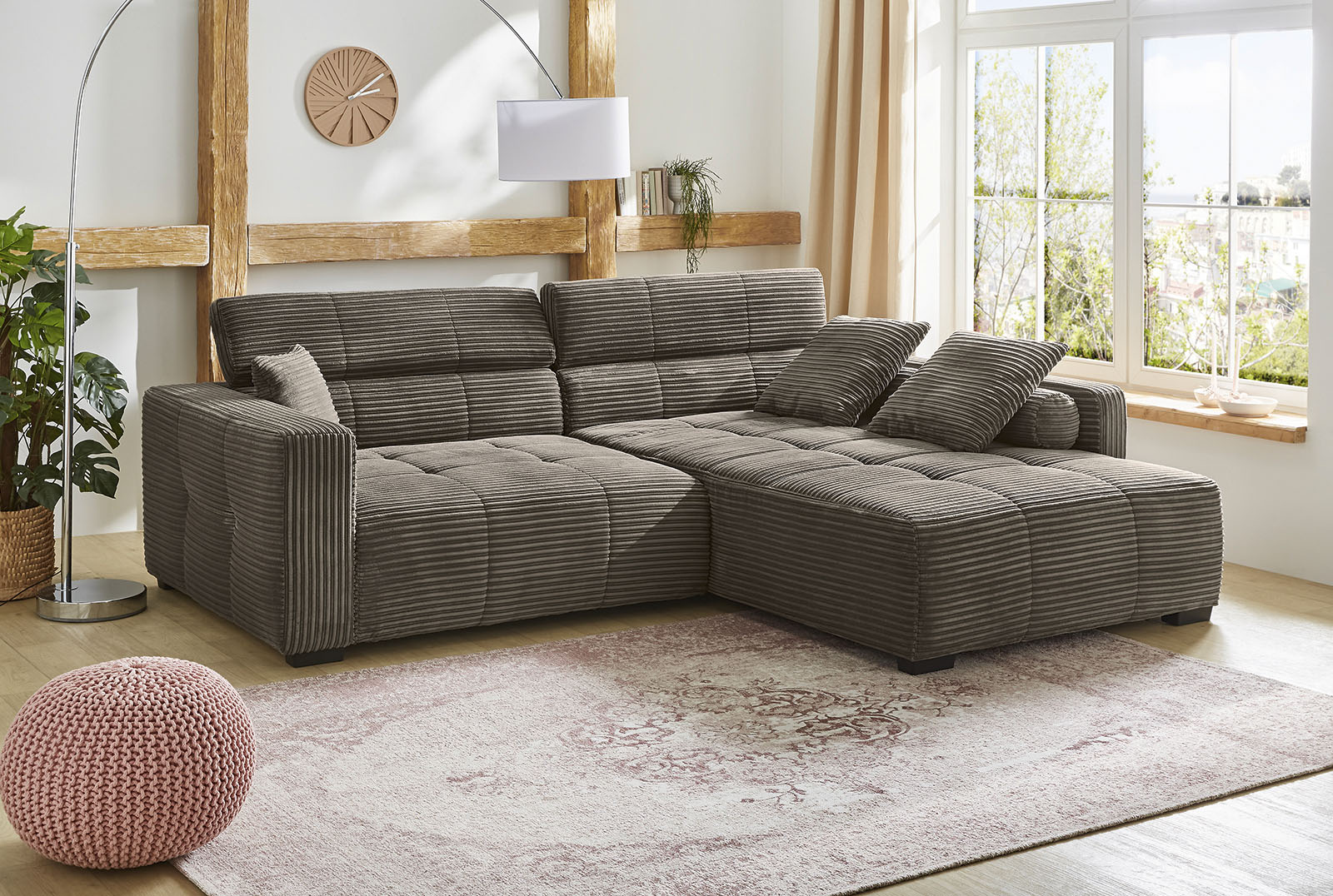 Jockenhöfer Gruppe Ecksofa "Severino L-Form, B: 283 cm, in Cord" mit Kopfteilverstellung & Zierkissen, im Big-Sofa-Style