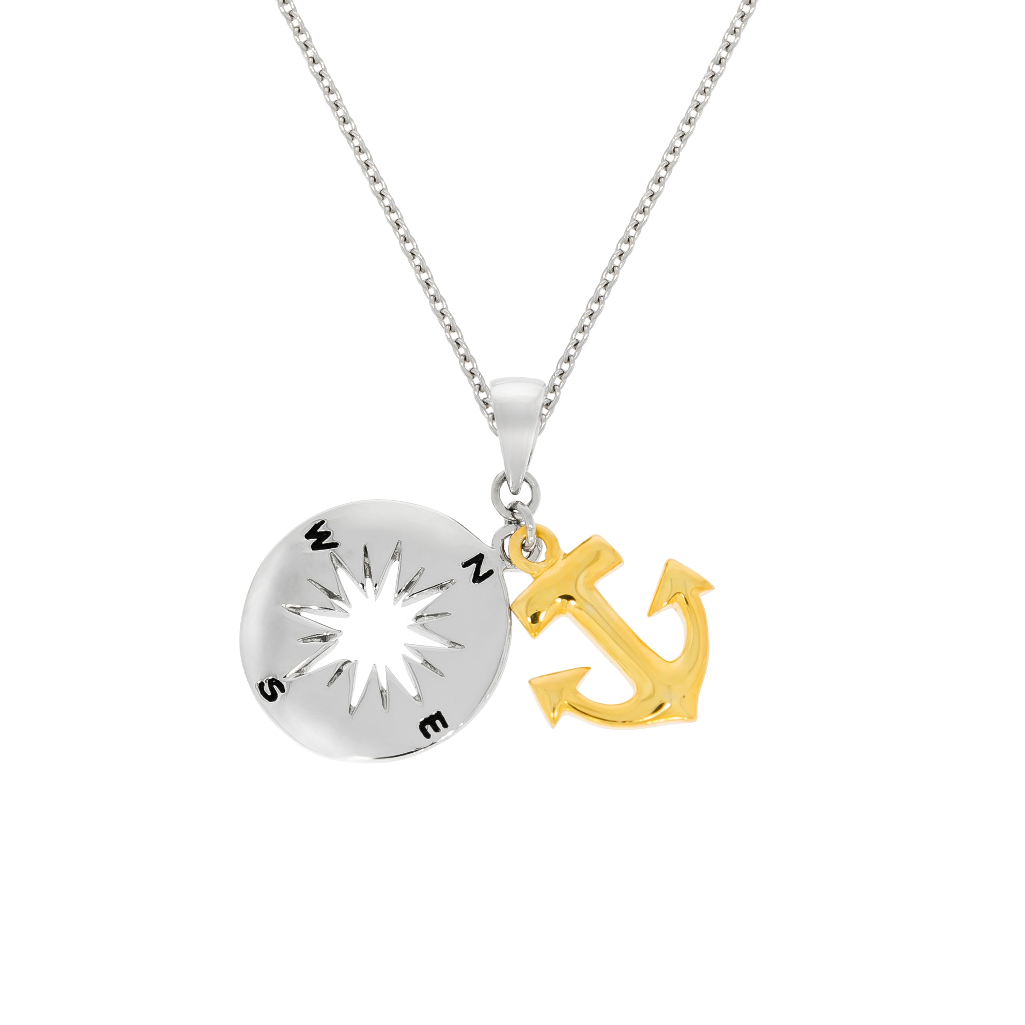Kette mit Anhänger FIRETTI "Geschenk Silber 925 Halsschmuck Halskette Ankerkette Windrose Anker", silberfarben, gelbgoldfarben, schwarz, Halsketten, Damen, Silber 925 (Sterlingsilber), L: 45 B: 1,5mm, B:1,5mm