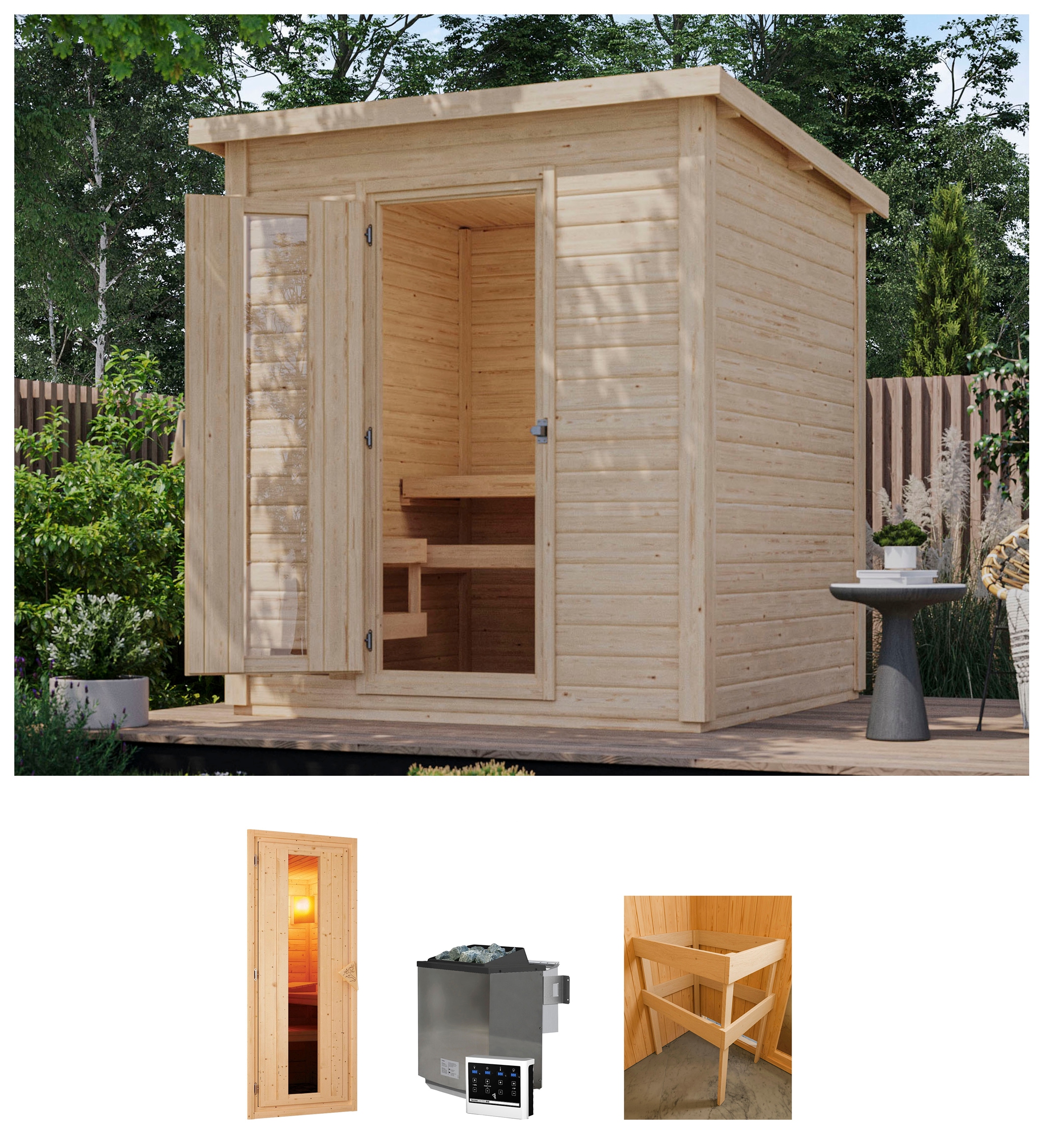 Karibu Saunahaus "Talo 2" Set, Ofen 9 kW Bio externe Strg easy