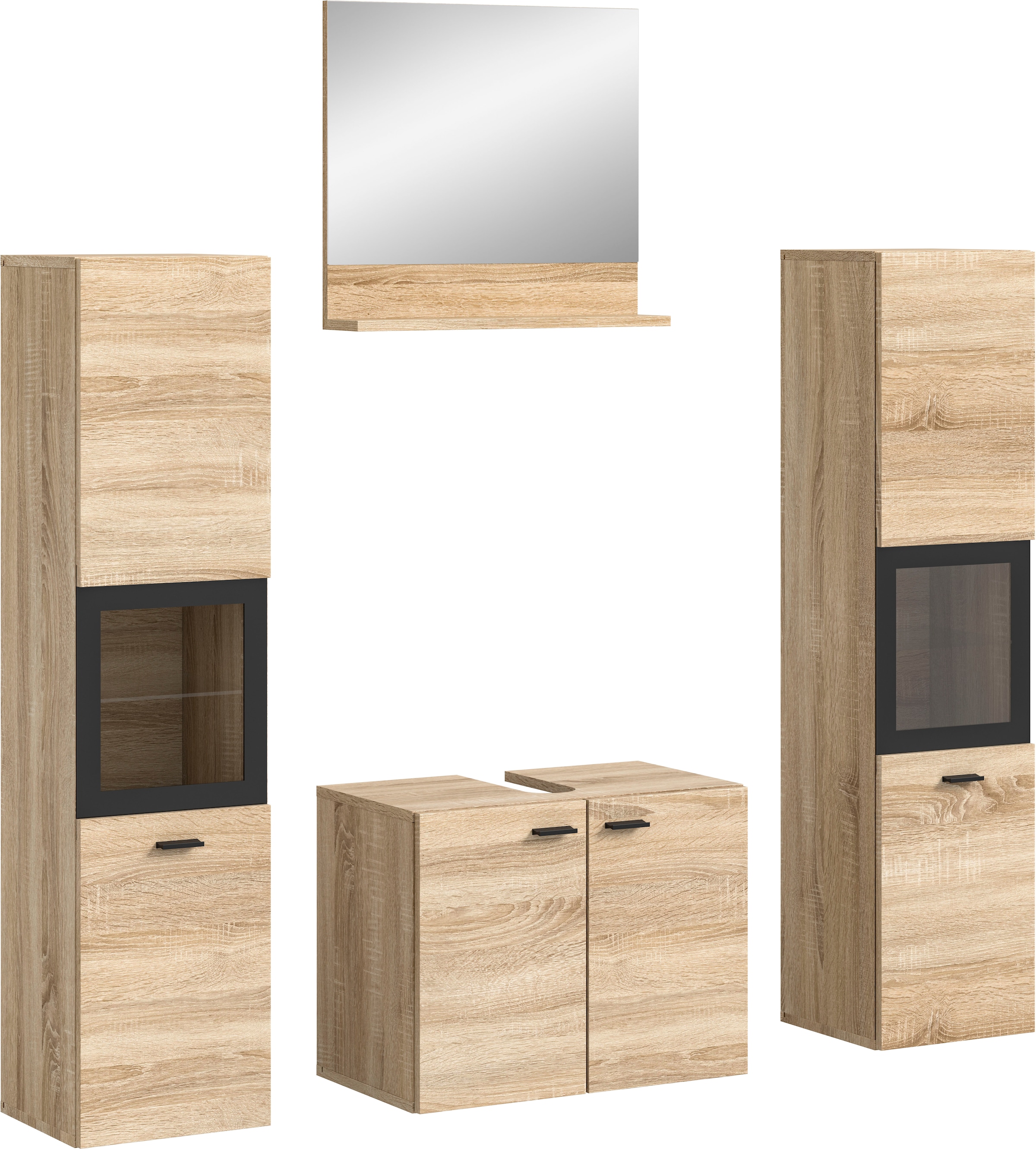 welltime Badmöbel-Set »Tampa, Breite 137cm, 4-teilig«, (4 St.), Waschbeckenunterschrank, Spiegel, Hochschrank