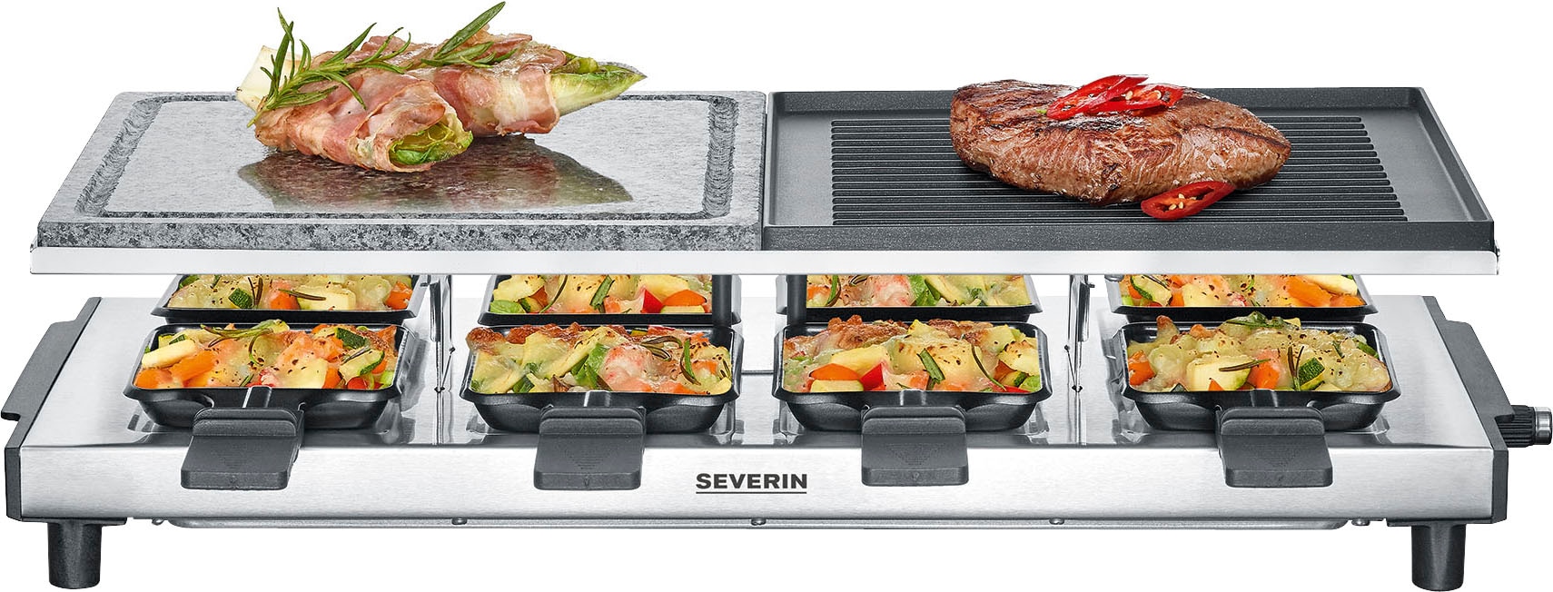 Severin Raclette »RG 2373«, 8 St. Raclettepfännchen, 1700 W, Naturgrillstein, Gussplatte, Temperaturregler, Antihaftbeschichtung