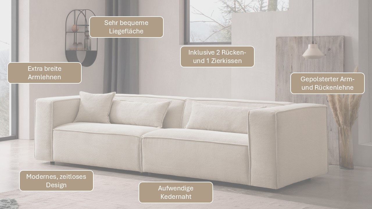 LeGer Home by Lena Gercke 3-Sitzer »PIARA, Couch mit Kedernaht, Sofa in Cord, Leinenoptik o. Strukturstoff« schwarze Füße, bequemer Sitzkomfort