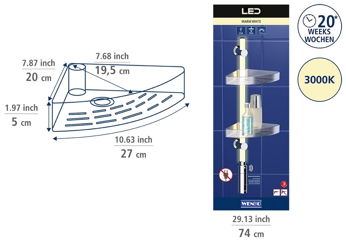 WENKO Duschregal »LED Duscheckregal«, 74 cm, LED-Duschstange mit  Bewegungsmelder und 2 Ablagen günstig | BAUR | Duschablagen