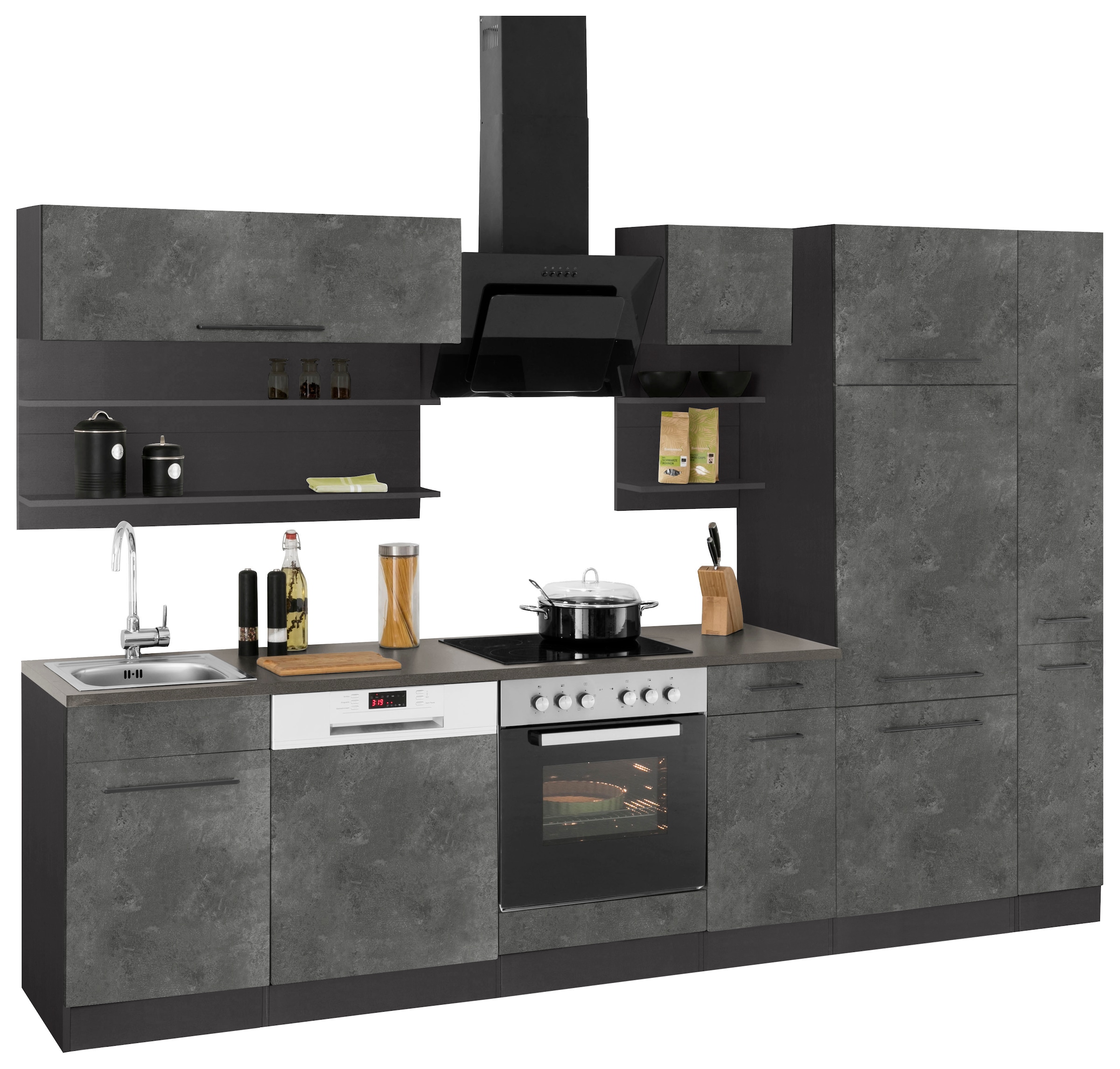 KOCHSTATION Küchenzeile »KS-Tulsa«, ohne E-Geräte, Breite 300 cm, schwarze Metallgriffe, MDF Fronten
