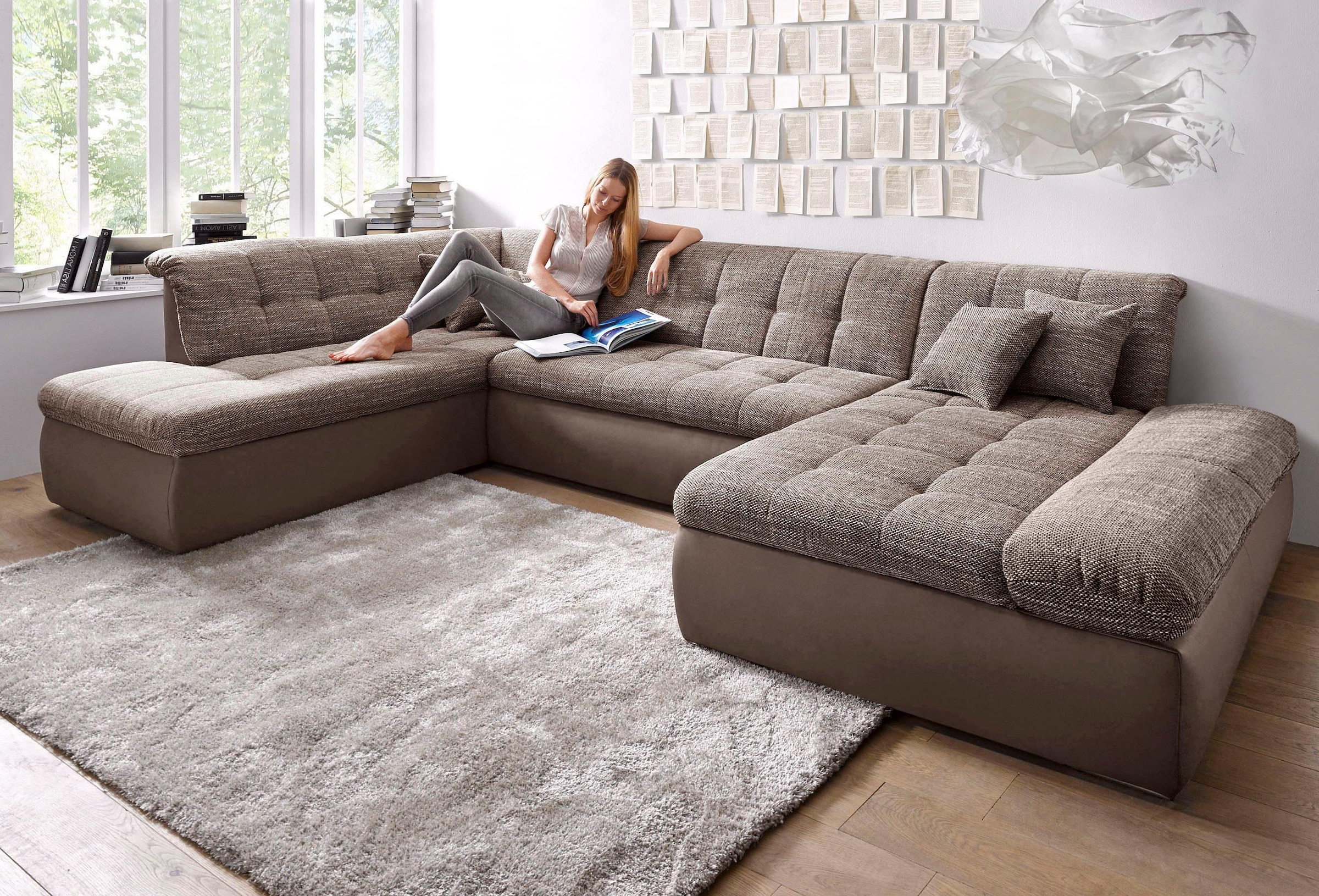 DOMO collection Wohnlandschaft "MORIC 353x216x80 cm, mit viel Platz, U-Form, auch in Cord" im XXL-Format, wahlweise mit Bettfunktion und Armlehnenverstellung