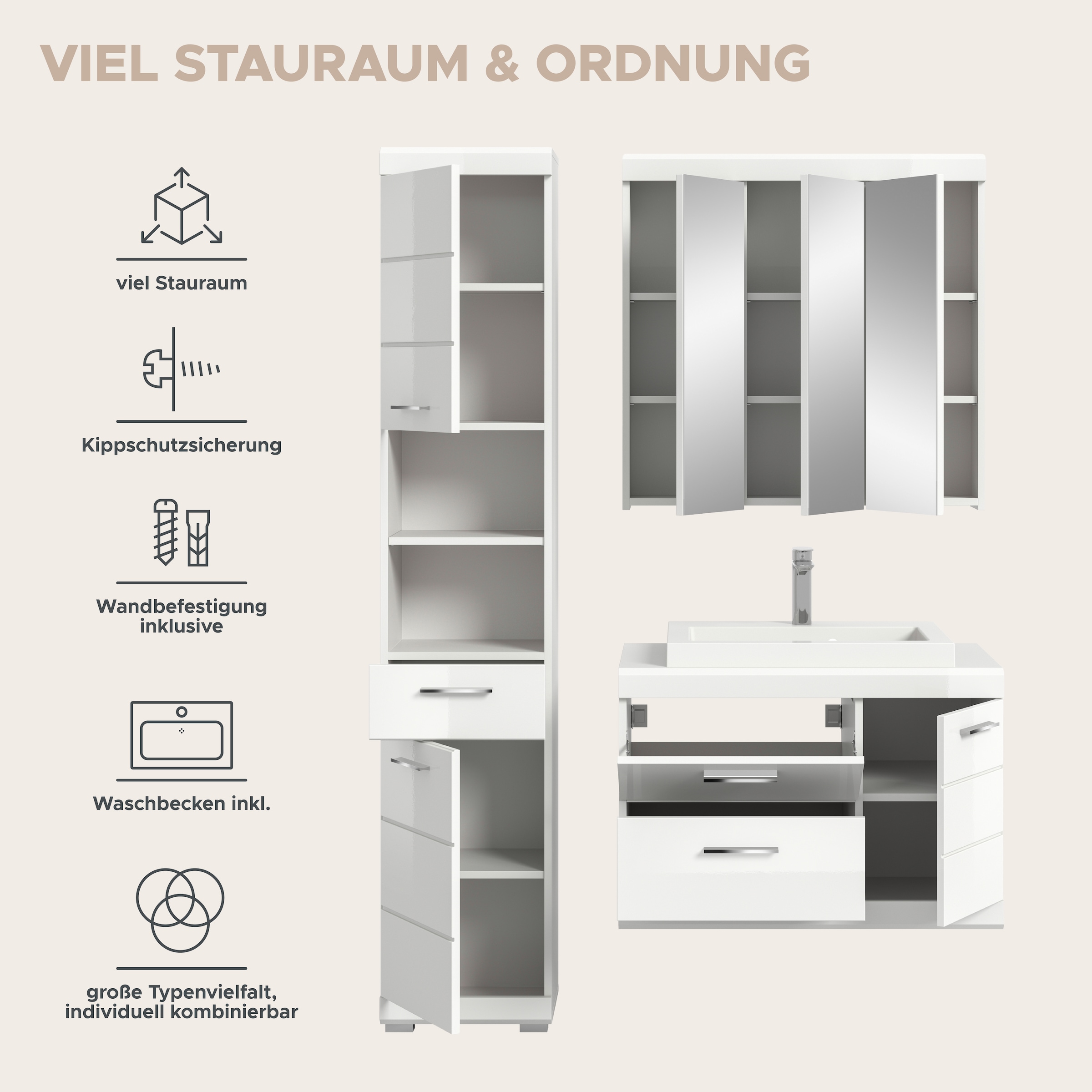 welltime Badmöbel-Set »SIENA, 3-tlg., Waschtisch inkl. WB, Spiegelschrank & Hochschrank«