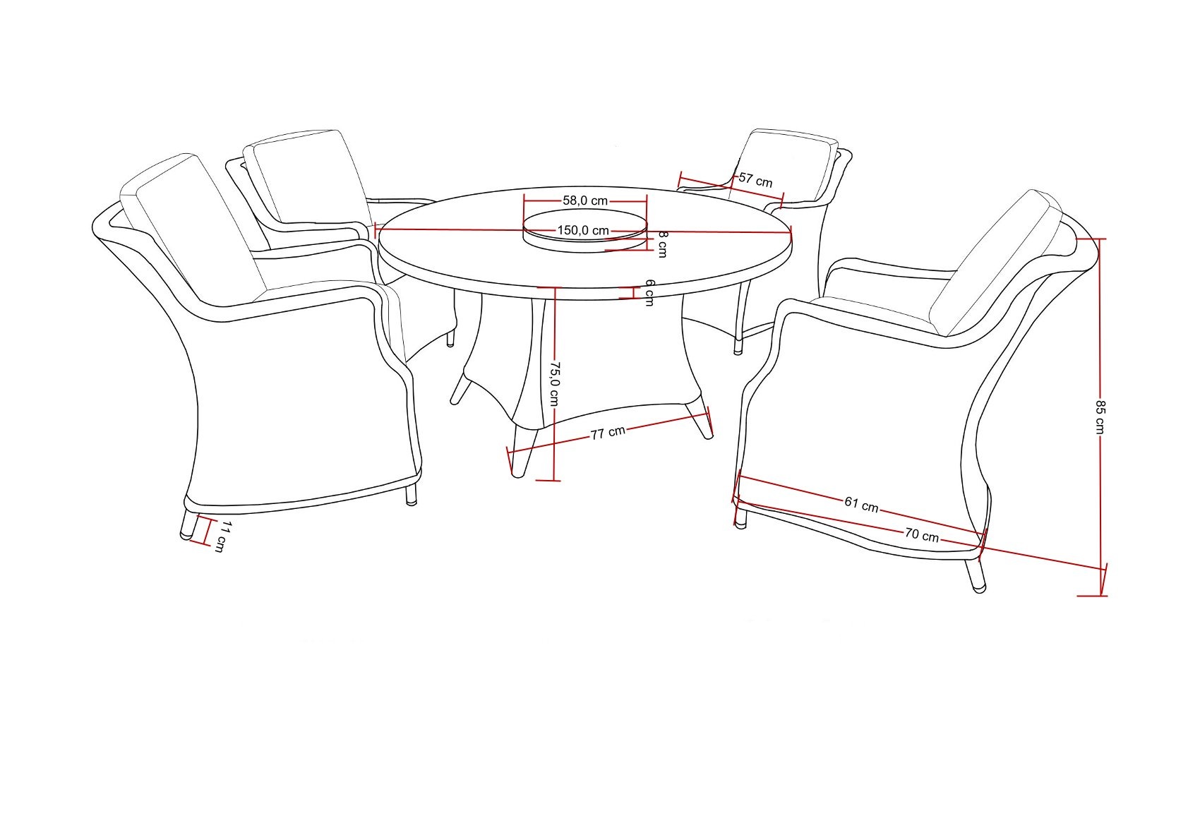 Destiny Garten-Essgruppe »LUNA«, (Set, 14 tlg., 4x Sessel, 1x Tisch Ø 150x75cm mit Drehteller, inkl. Auflagen), Aluminium, Polyrattan