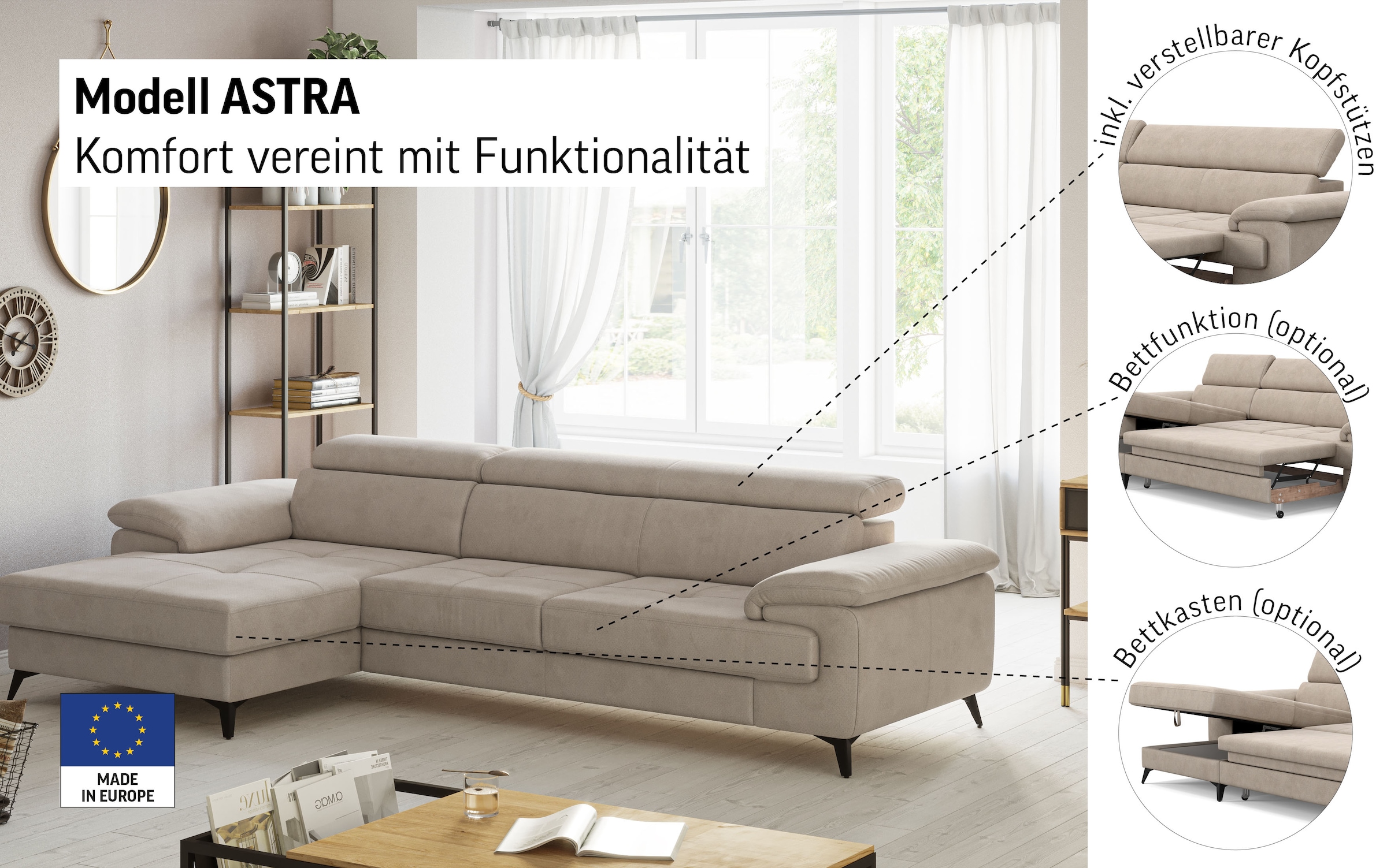 COTTA Ecksofa »Astra L-Form, B: 300 cm« mit Kopfteilverstellung, optional Bettfunktion & Bettkasten