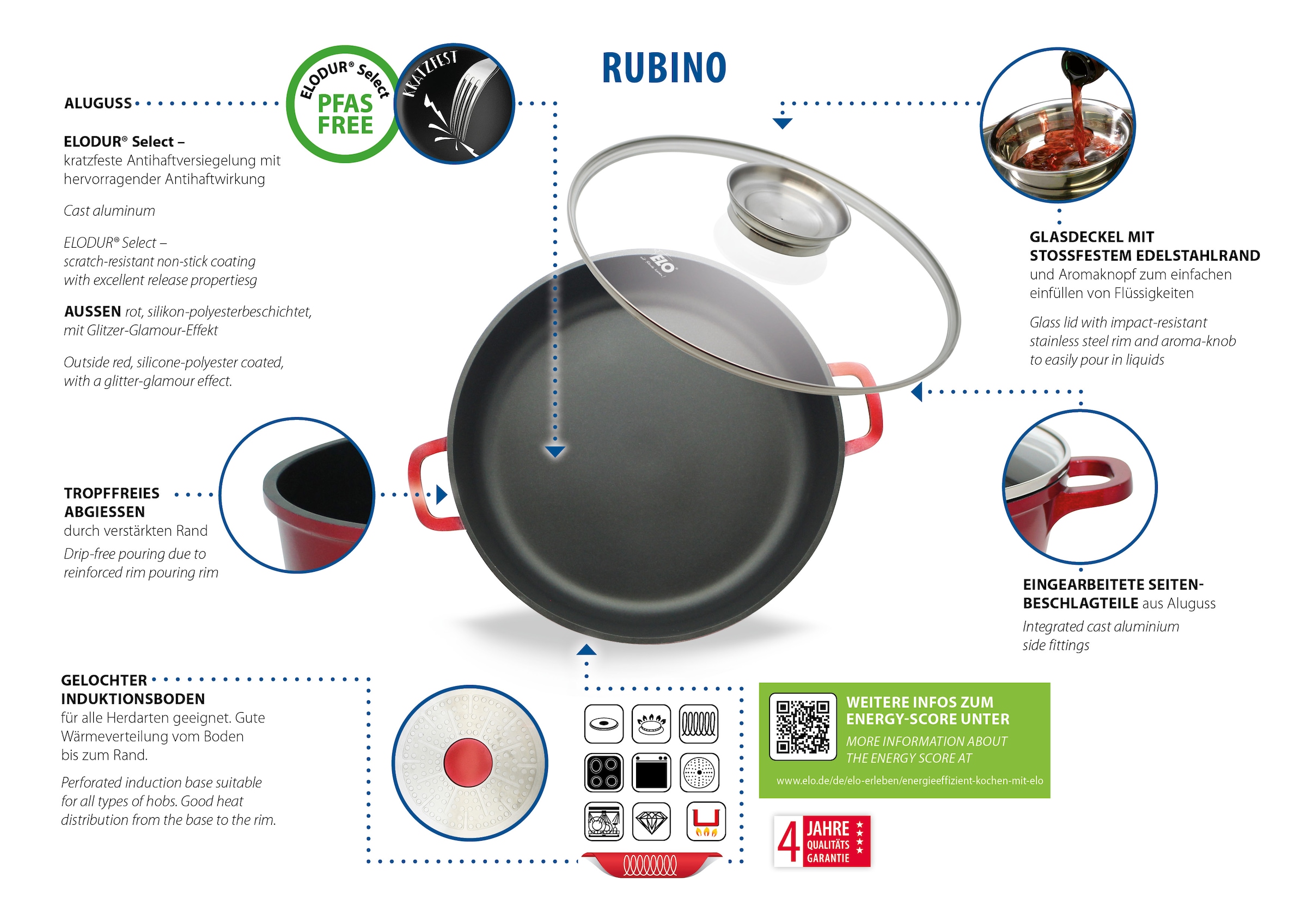 Elo Servierpfanne "Rubino, Pfanne mit Glasdeckel" Aluminiumguss 1 Stk. tlg. günstig online kaufen
