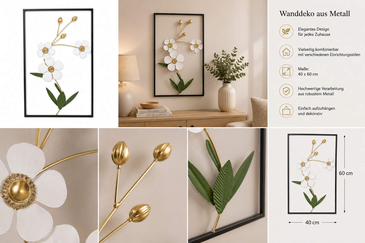 OTTO home Wanddekoobjekt »Wanddeko Blüten, weiß-goldfarben-grün, schwarzer Metallrahmen« Wohnaccessoire aus Metall für jeden Wohnstil, 40x60cm