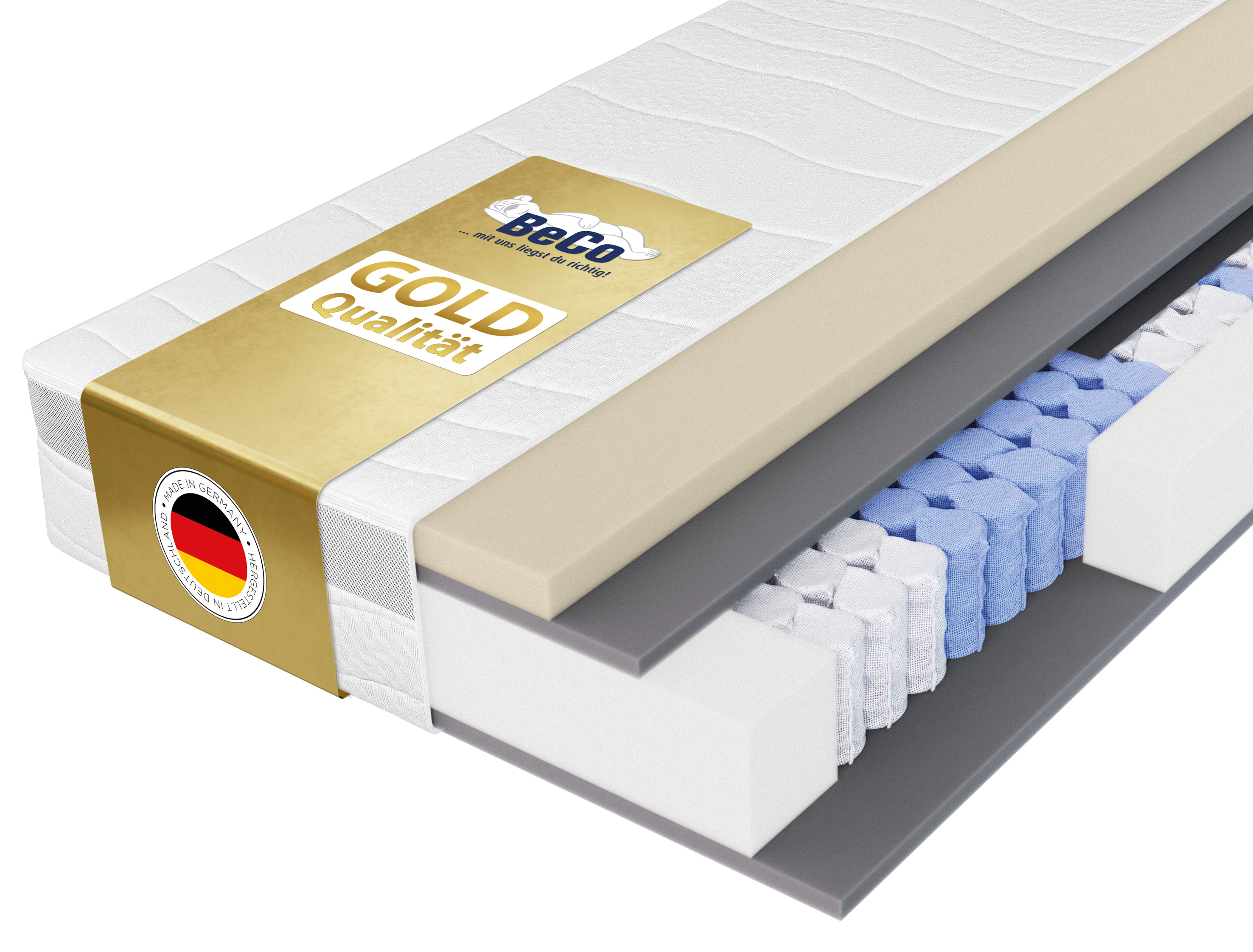 Beco 1100000002199 "Feel Like Latex ONE TFK - GOLD, Matratze 90x200 cm, 140x200 cm & mehr" 21 cm hoch 500 Federn 1 Stk. tlg. Punktelastische Matratze mit stabilem Federkern, atmungsaktiv