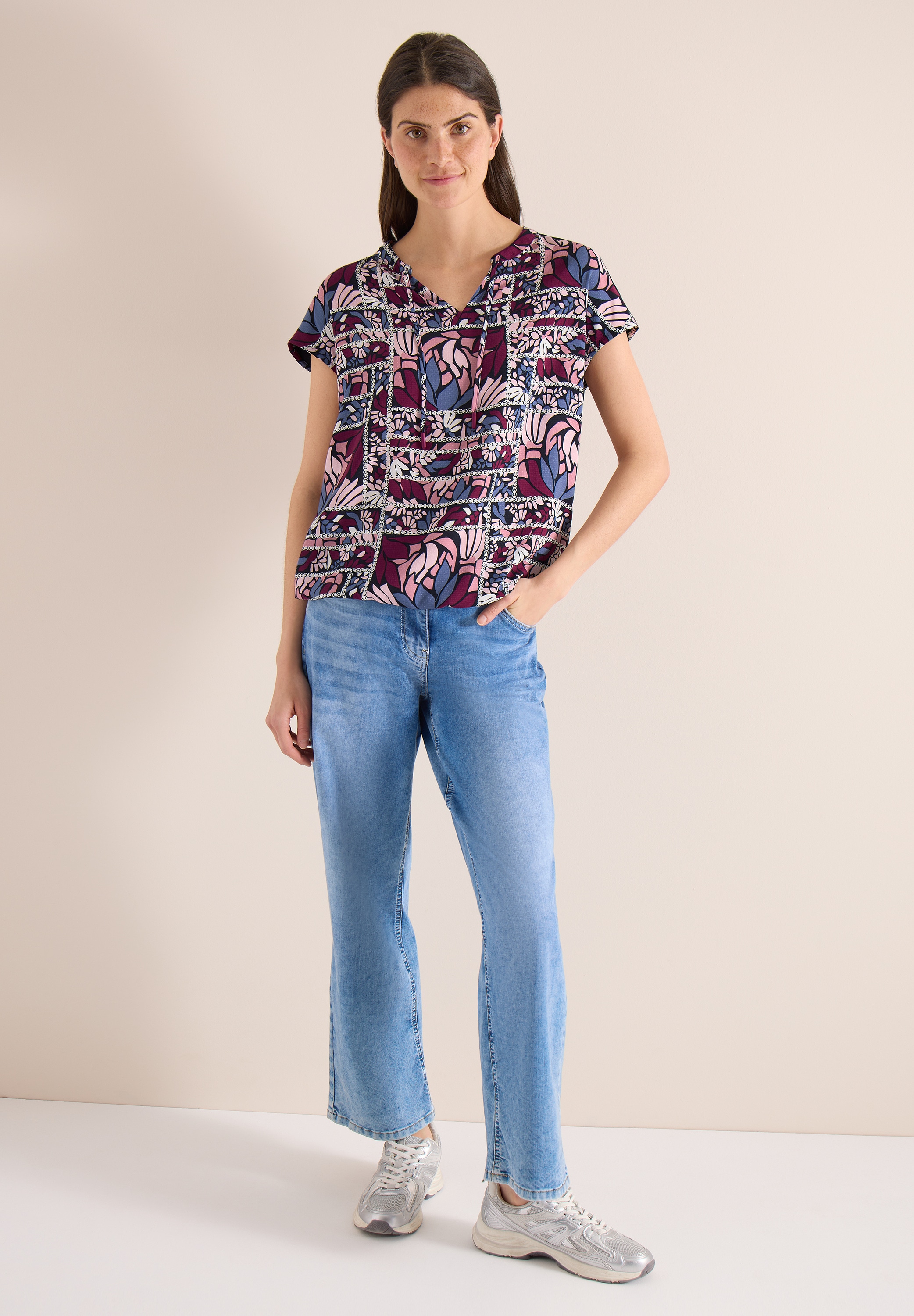 Cecil Kurzarmbluse mit geschlitztem Rundhalsausschnitt