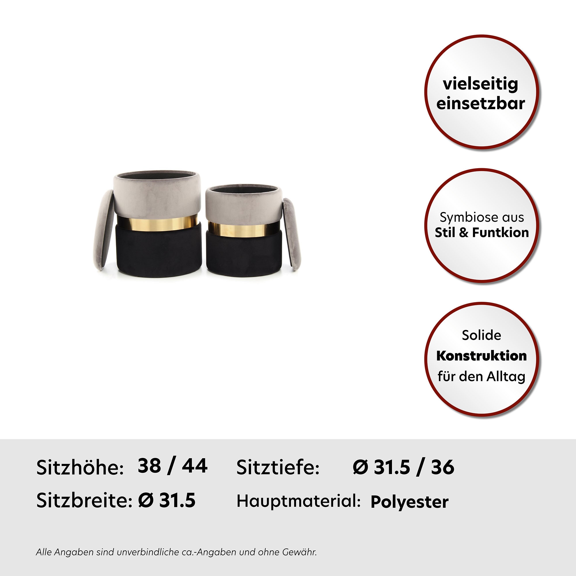 Kayoom Stauraumhocker »Hocker Zora 125 2er-Set, samtweicher Stoffbezug,runde elegante Form«, (Set, 2 St.), edles Design mit Metallring, gepolstert, mit Stauraum