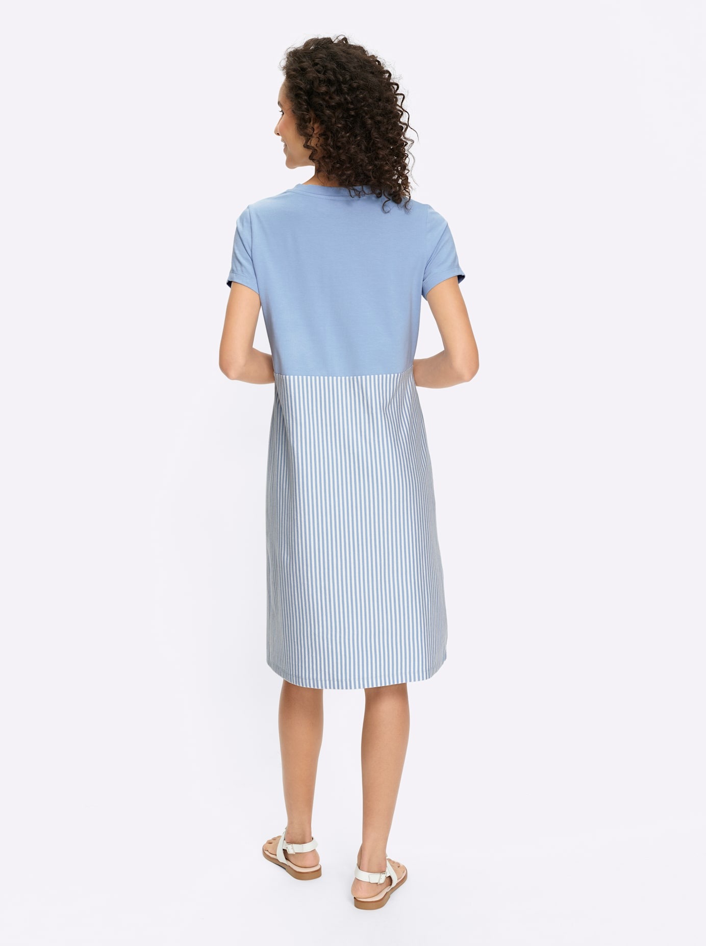 Jerseykleid HEINE "Jersey-Kleid", Damen, Gr. 44, Normalgrößen, eisblau, ecru, gestreift, Jersey, 95% Baumwolle, 5% Elasthan, gemustert, gestreift, mehrfarbig, kurz, Rundhals, Kleider Jerseykleid 2
