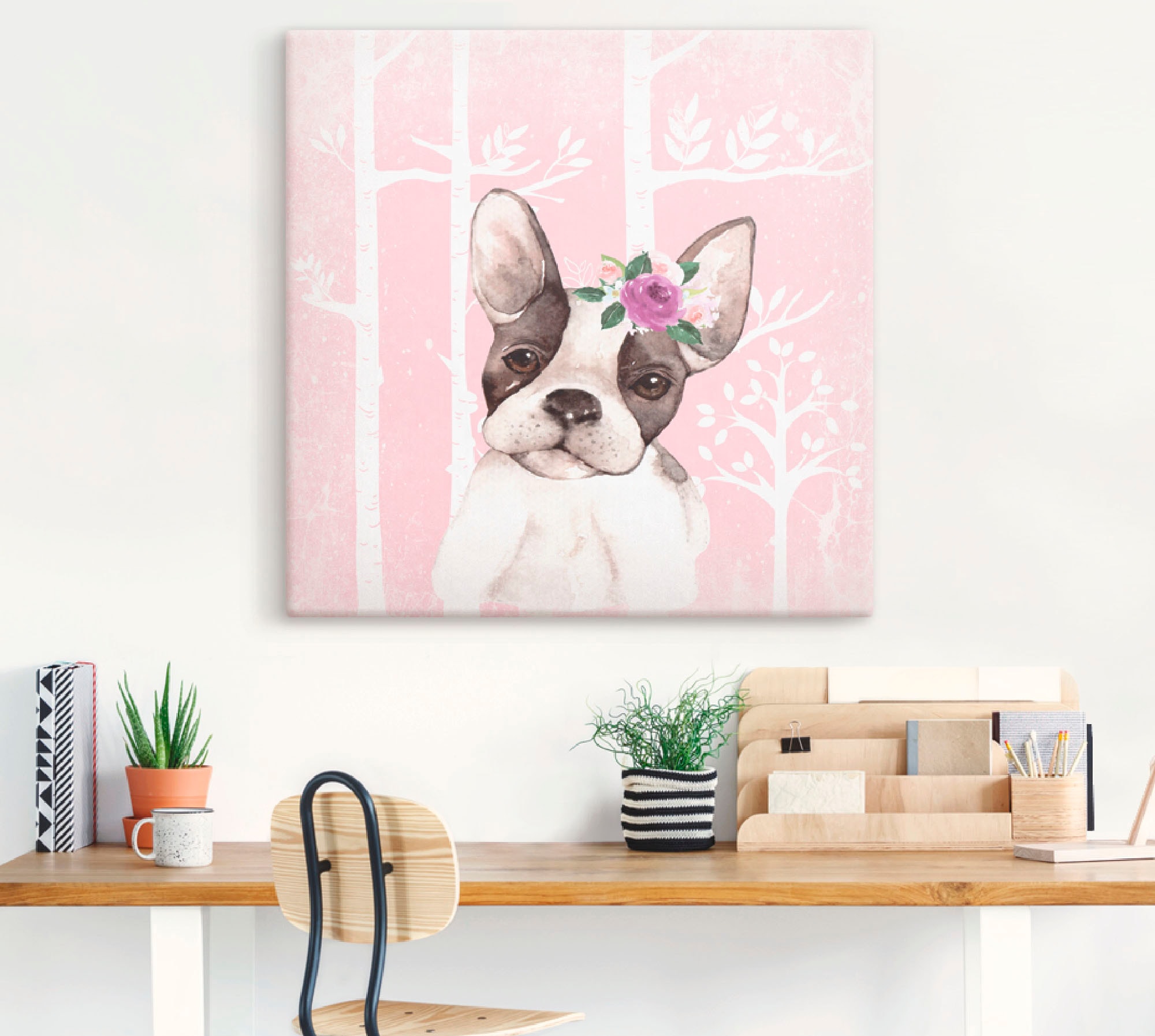 Artland Wandbild »Mops Hund mit Blumen im pink Wald«, Tiere, (1 St.), als Poster, Wandaufkleber in verschied. Größen