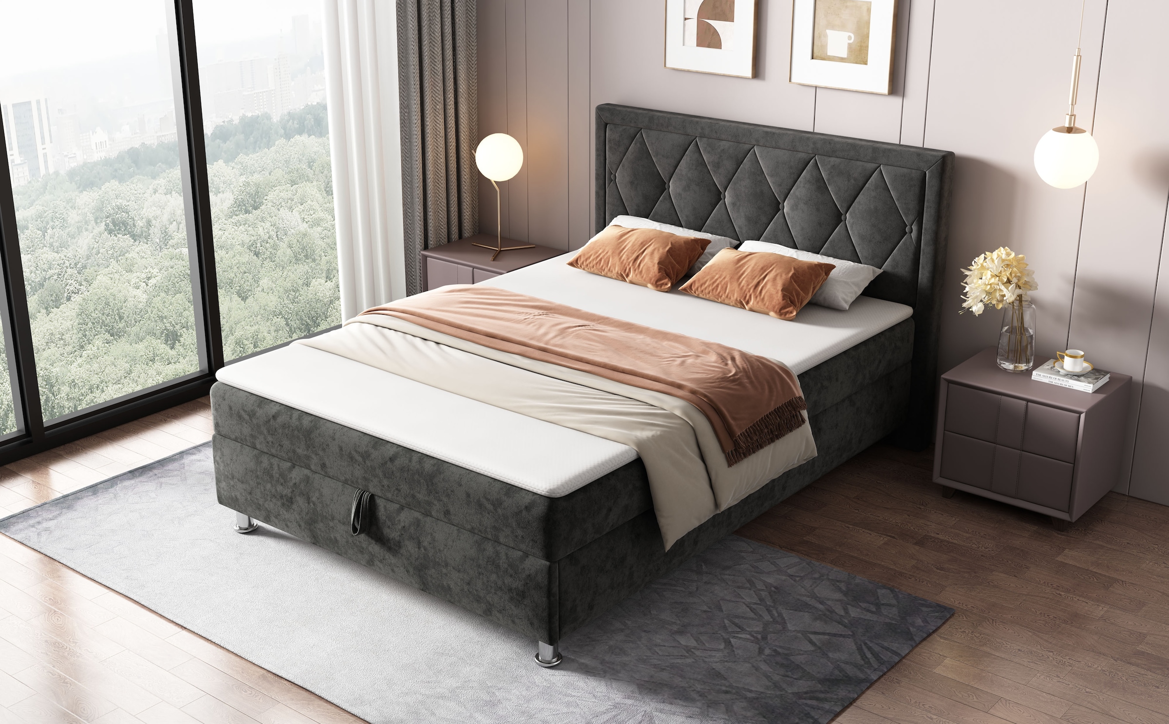 OTTO home Boxbett »EMILLIAN, Polsterbett mit Bettkasten und Taschenfederkernmatratze H3« mit Kaltschaumtopper, Chenille-Bezug, Liegefläche 140x200 cm