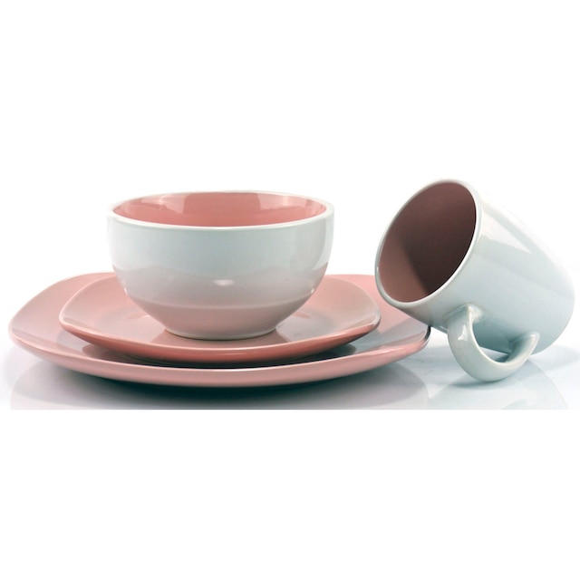 Retsch Arzberg Kombiservice »Geschirr-Set, Service NOVA SQUARE PINK/ROSÈ«, ( Set, 16 tlg., Frühstücksteller, Speiseteller, (Henkel-)Becher, Schalen),  Bicolor-Look im Mix aus Rosè und Weiß, 16 Teile, für 4 Personen | BAUR