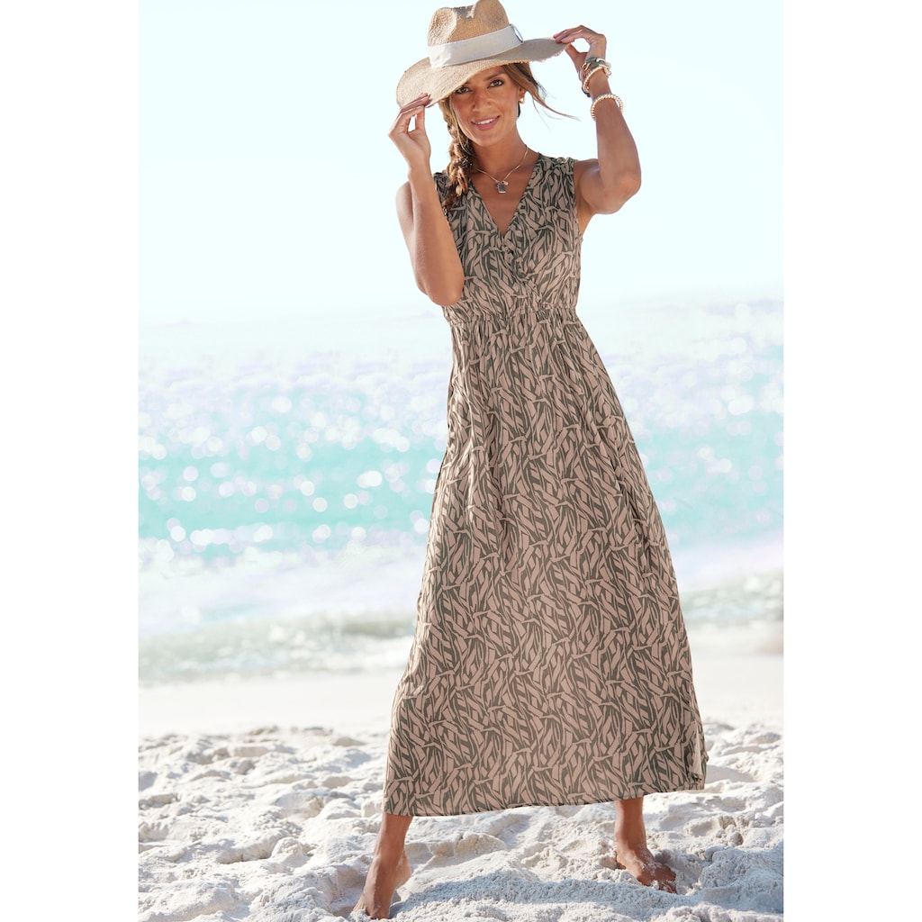 Buffalo Maxikleid, im Alloverprint mit V-Ausschnitt und Schlitz, Sommerkleid, Strandkleid