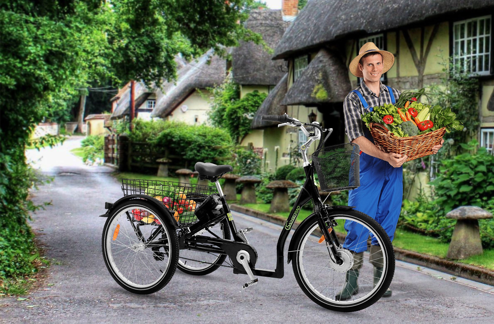 SachsenRad E-Bike »T3A«, 7 Gang, Shimano, Shimano 7-Gang-Kettenschaltung, Frontmotor 250 W, (LED-Frontlicht, Alarmrücklicht mit Bremslicht, Ledersattel, 3-Räder), Lastenkorb, Lenkerkorb, LCD-Steuer-
display, Fahrmodus Pedelec