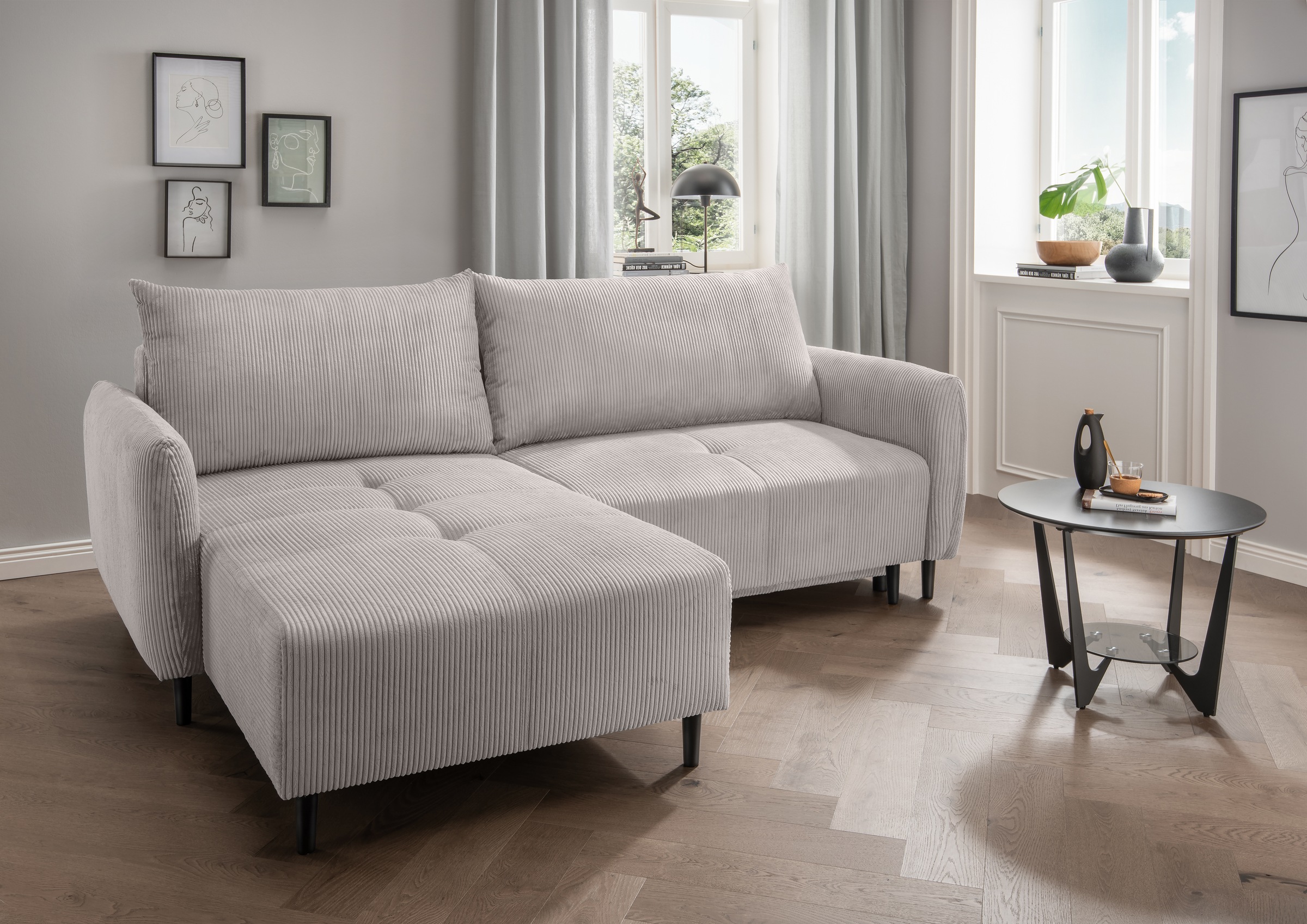 INOSIGN Ecksofa »Mara, L-Form, aktueller Cord Bezug und tolle Farben, schmale Armlehnen«, whlw. mit Bettfunktion,Recamiere links/rechts montierbar, Breite 238cm