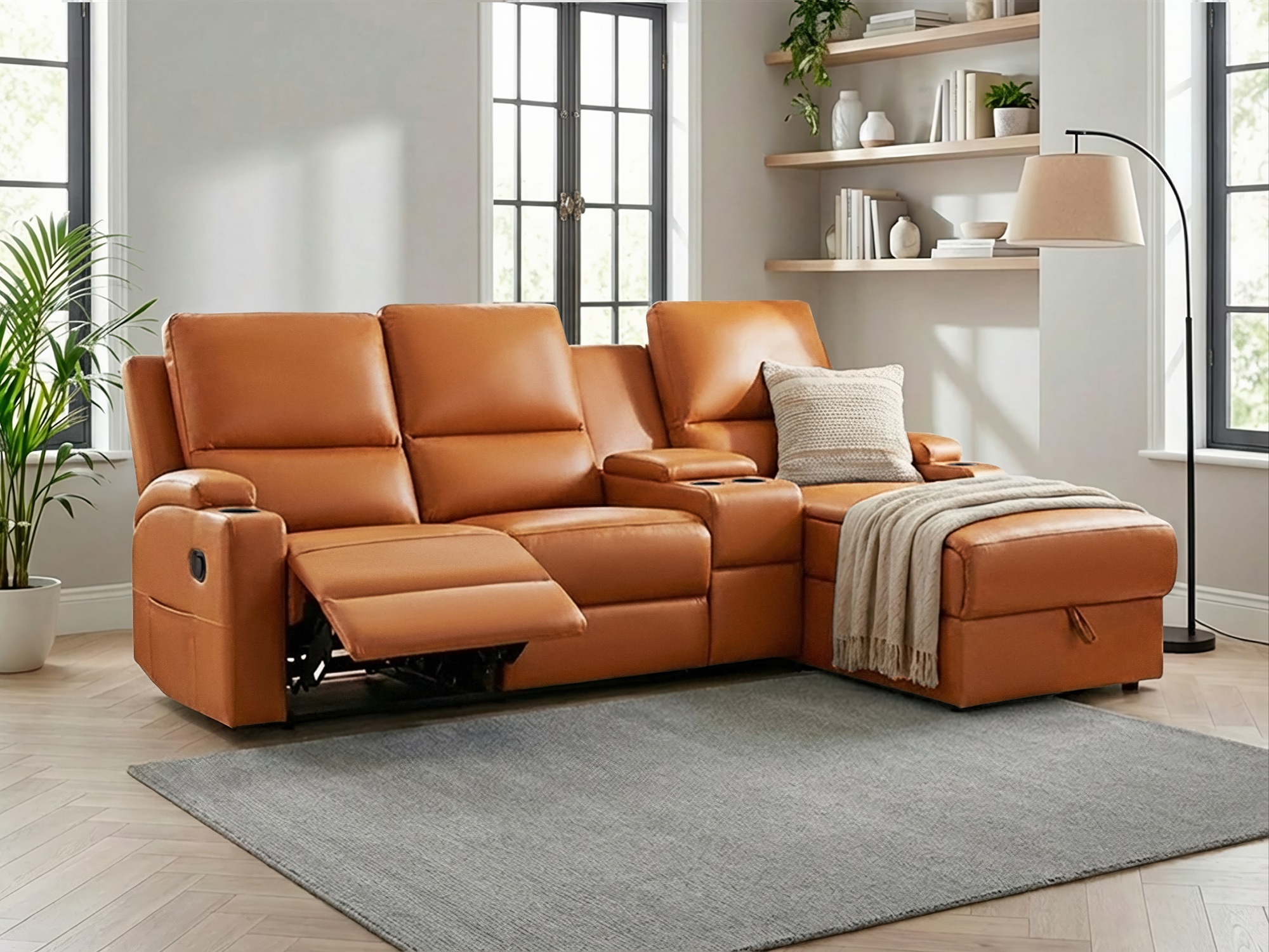 OTTO home Ecksofa "NAPORI Lederoptik, Multimediasofa, 3er Kinosessel XXL, L-Form" Kinosofa, manuelle o. elektr. Relaxfunktion, Staufach, Getränkehalter