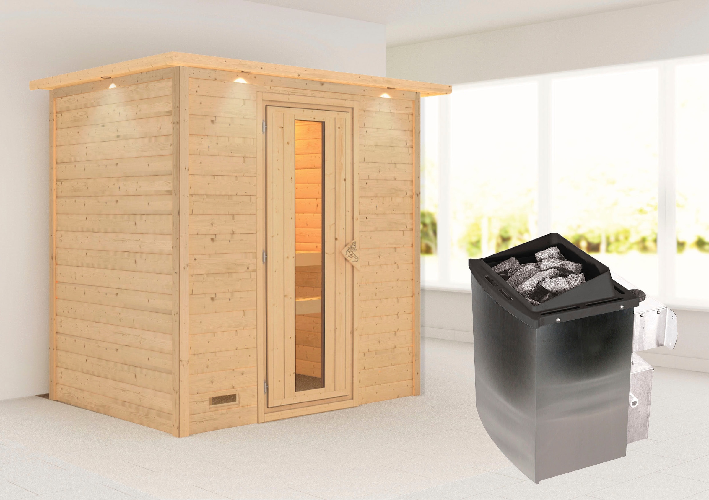 Karibu Sauna ""Sonja" mit Energiespartür und Kranz Ofen 9 kW integr. Strg"