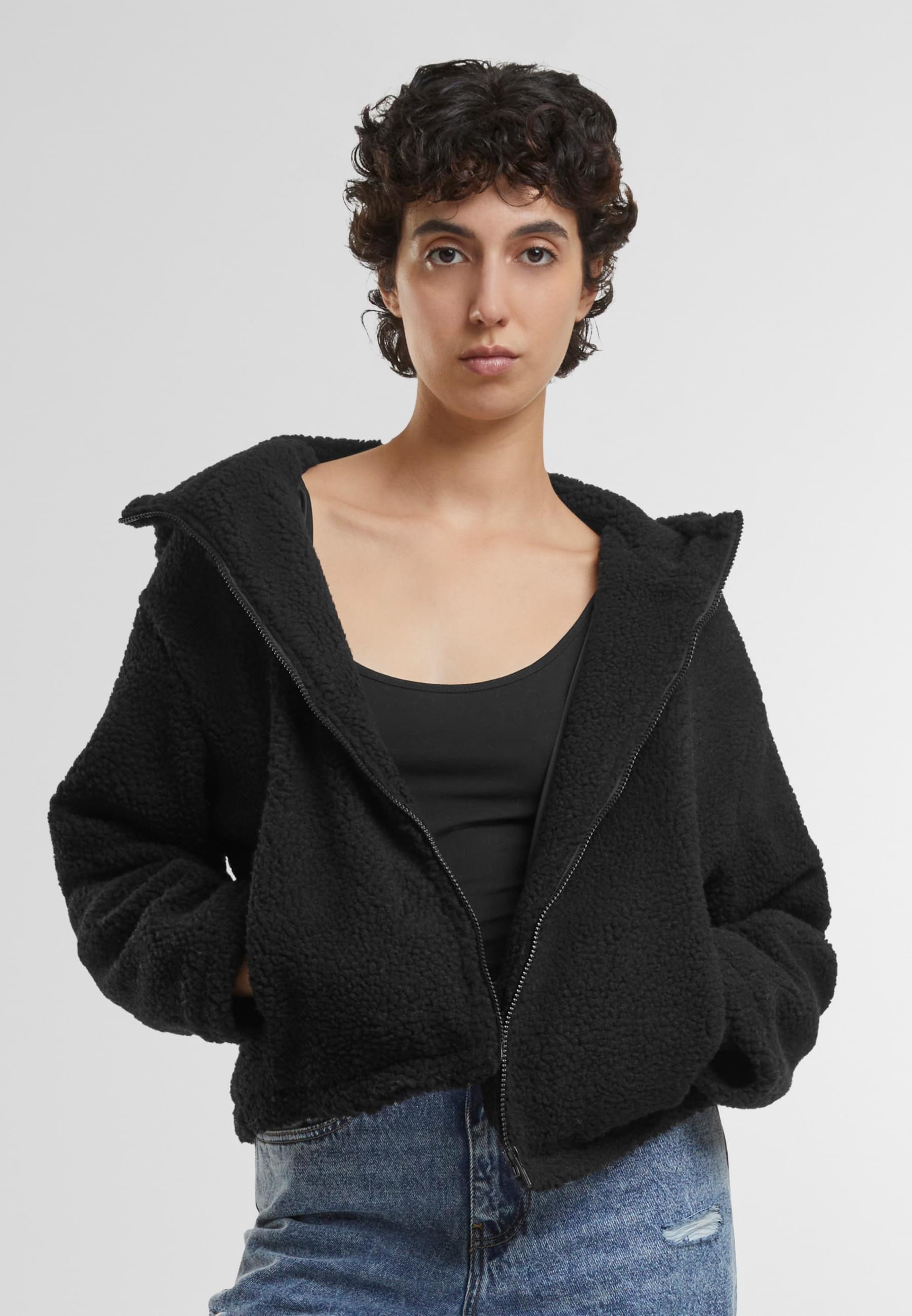 Thumbnail - URBAN CLASSICS Allwetterjacke "Urban Classics Ladies Short Hooded Sherpa Jacket" 1 Stk. tlg. mit Kapuze
