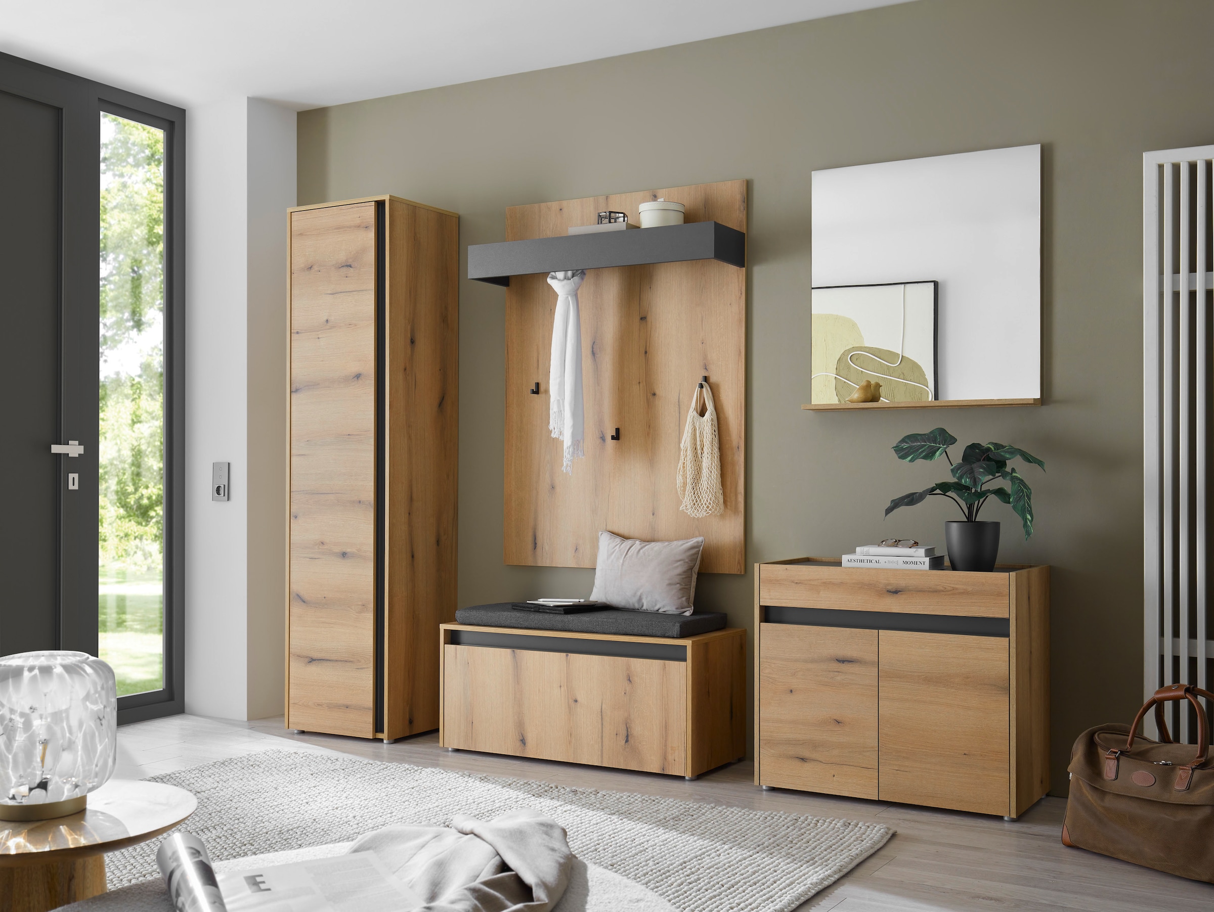 INOSIGN Garderoben-Set »GIRON/CiTY, moderne Garderobe, Komplettset mit viel Stauraum«, (Komplett-Set, 5 St.), enthält Schrank, Kommode, Spiegel, Paneel & Schuhbank +Sitzkissen