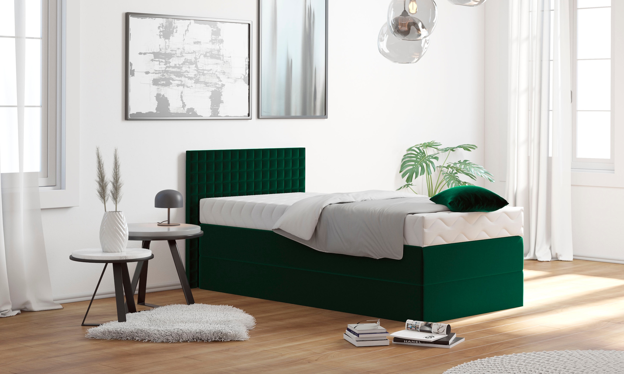 Boxspringbett, grün (moosgrün), B:105cm L:210cm, Bezug: 100% Polyester;Polsterwatte: 100% Polyester, WESTFALIA SCHLAFKOMFORT, Komplettbetten, Boxspringbett, mit Zierkissen, wahlweise mit Topper
