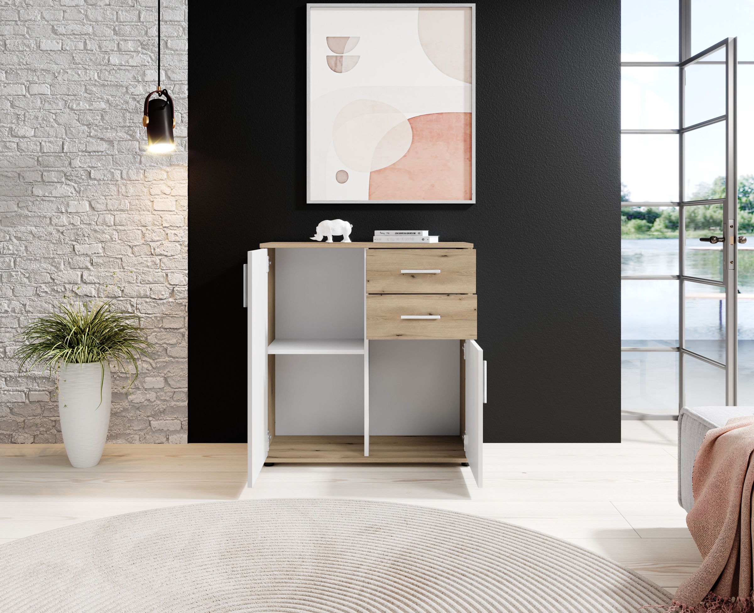 HBZ Kommode »BC-Drift-2, Universalschrank Stellmaß BxHxT 80x84x35 cm«, (1 St.), Kommode mit 2 Türen, 2 Schubkästen, 1 Einlegeboden