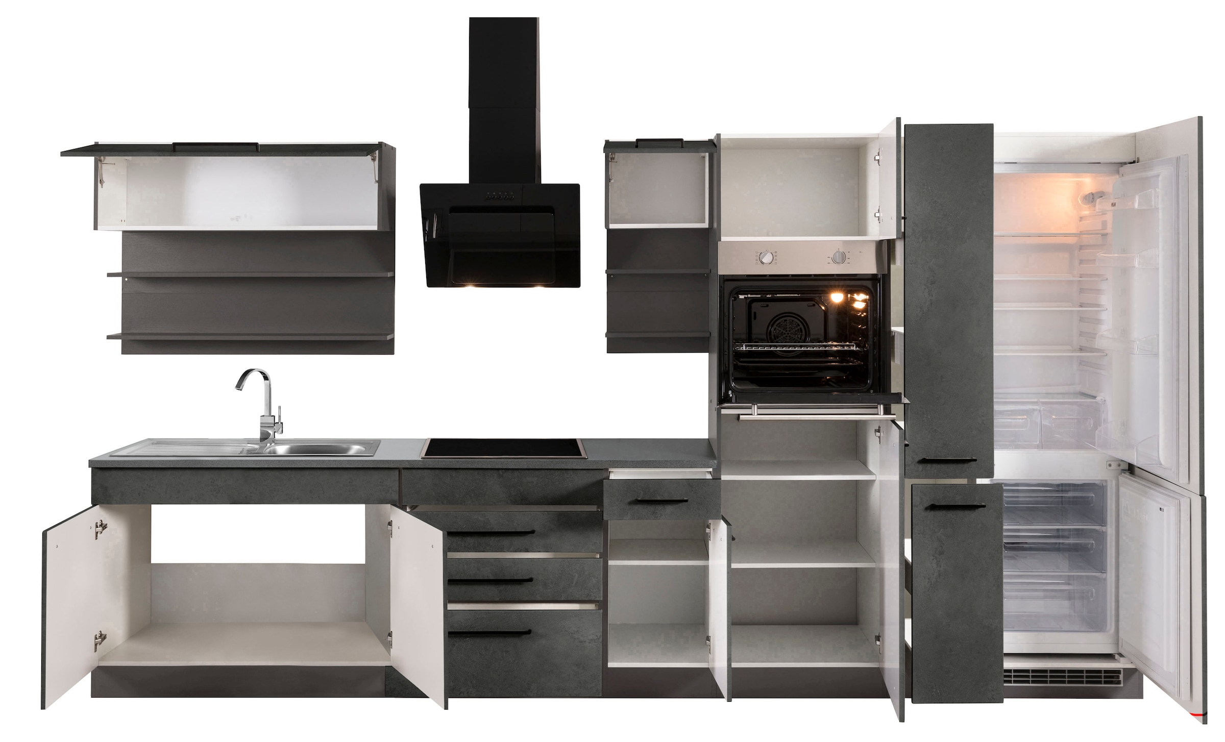 KOCHSTATION Küchenzeile »KS-Tulsa«, ohne E-Geräte, Breite 380 cm, schwarze Metallgriffe, MDF Fronten