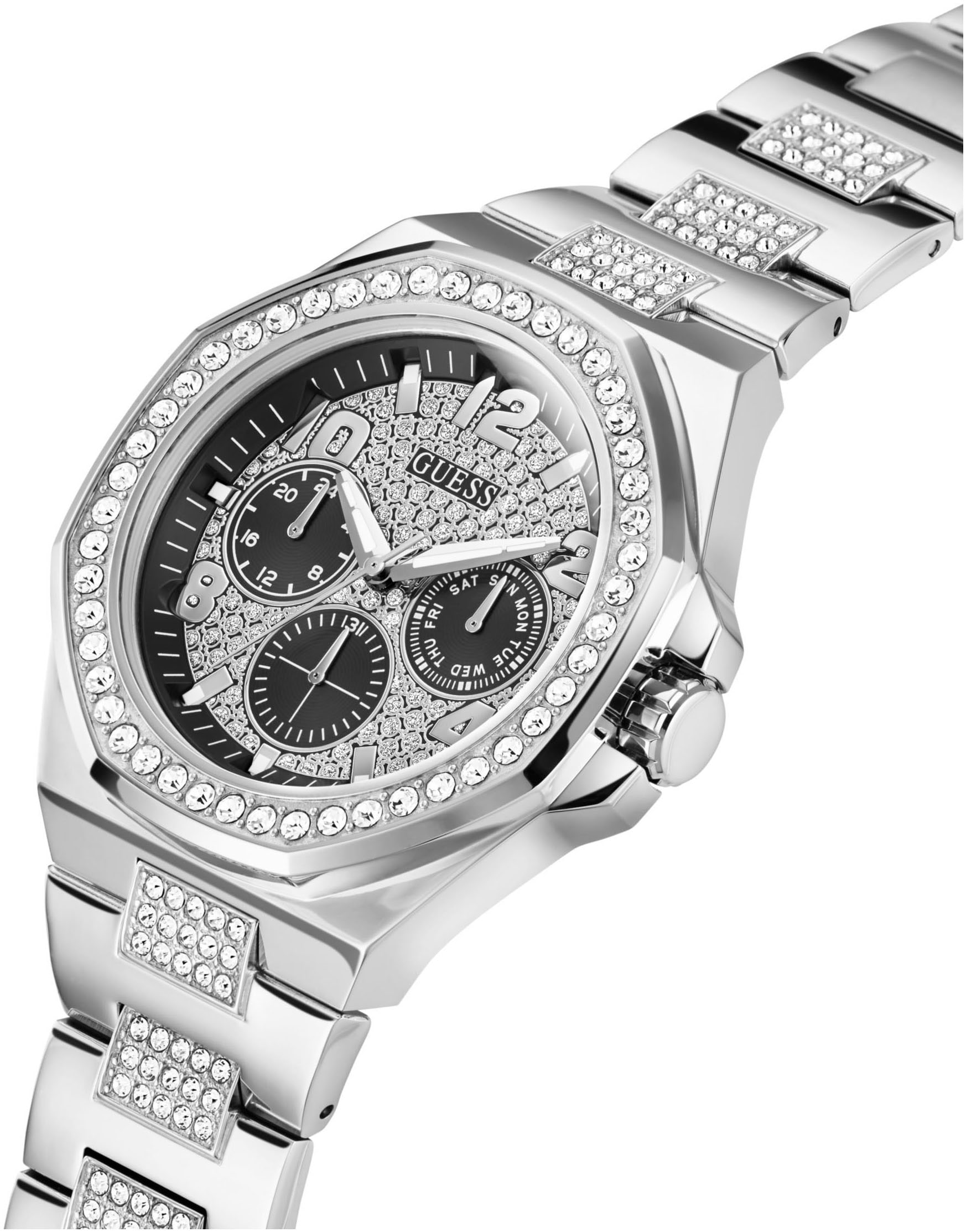 Guess Multifunktionsuhr »EMPIRE«, Quarzuhr, Armbanduhr, Herren, Datum, 12/24-Std.-Anzeige,Kristallsteine