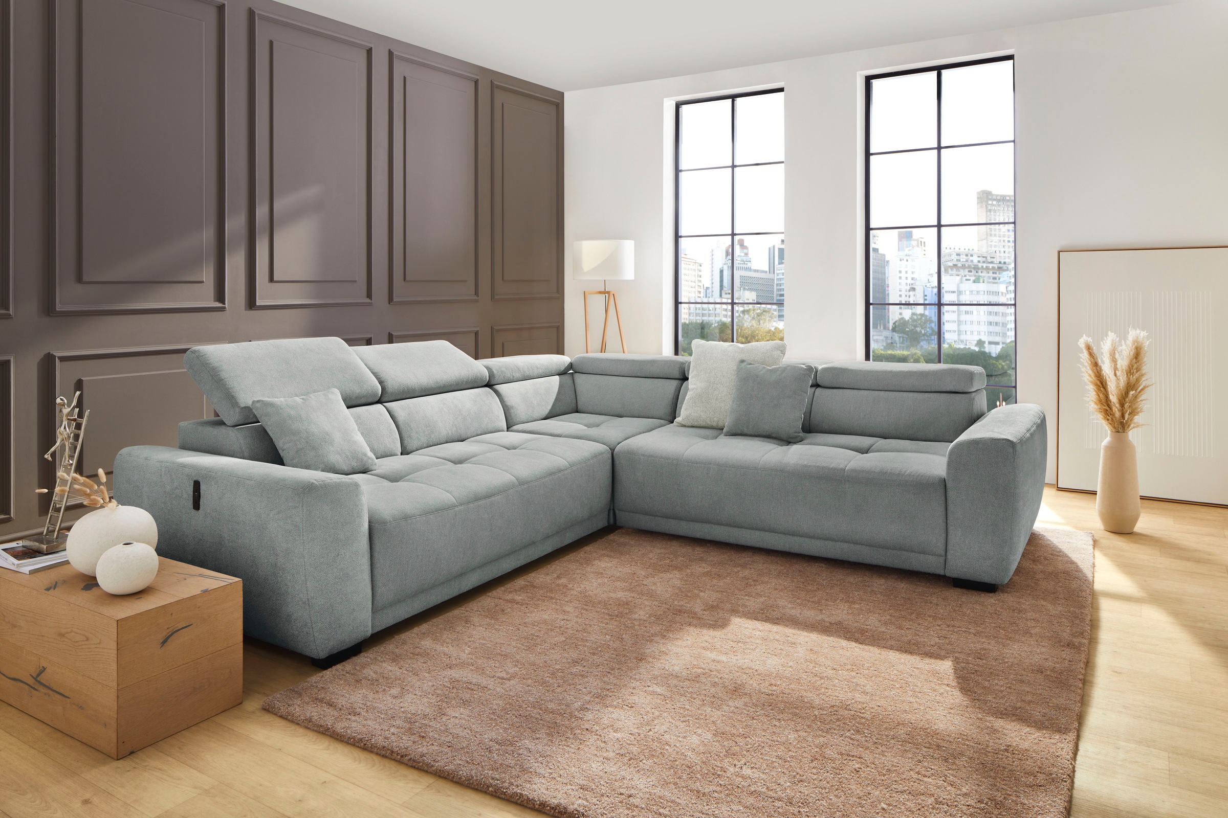 Wohnlandschaft, B:292cm T:113cmgrau 430, 09, JOCKENHÖFER GRUPPE, Korpus: 100% Polyester;Kissen: 100% Polyester, Sofas, "Monza, L-Form, B: 292x292cm,