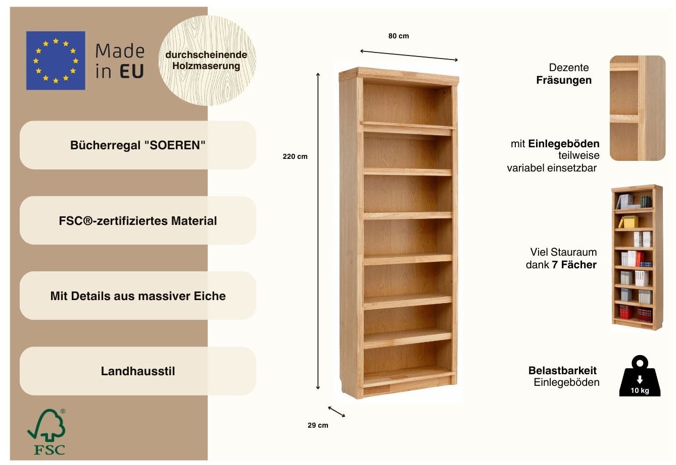 OTTO home Bücherregal »Soeren mit Eiche-Elementen Regal B/T/H: 80/29/220/29 cm« teilmassive Eiche, FSC®-zertifiziert