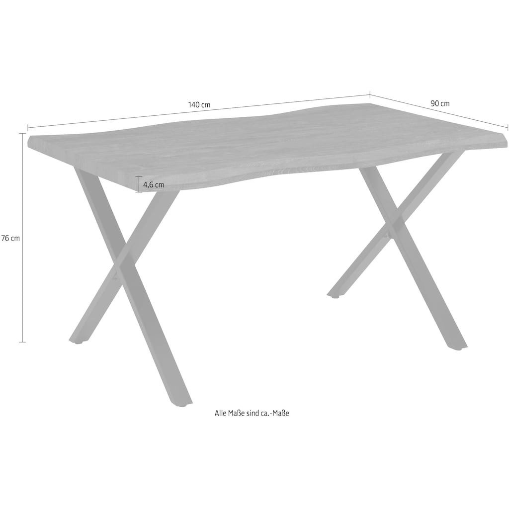 HELA Esstisch »GRETA«, Baumkantentisch (Nachbildung), versch. Größen, X-Gestell, 46mm Stärke