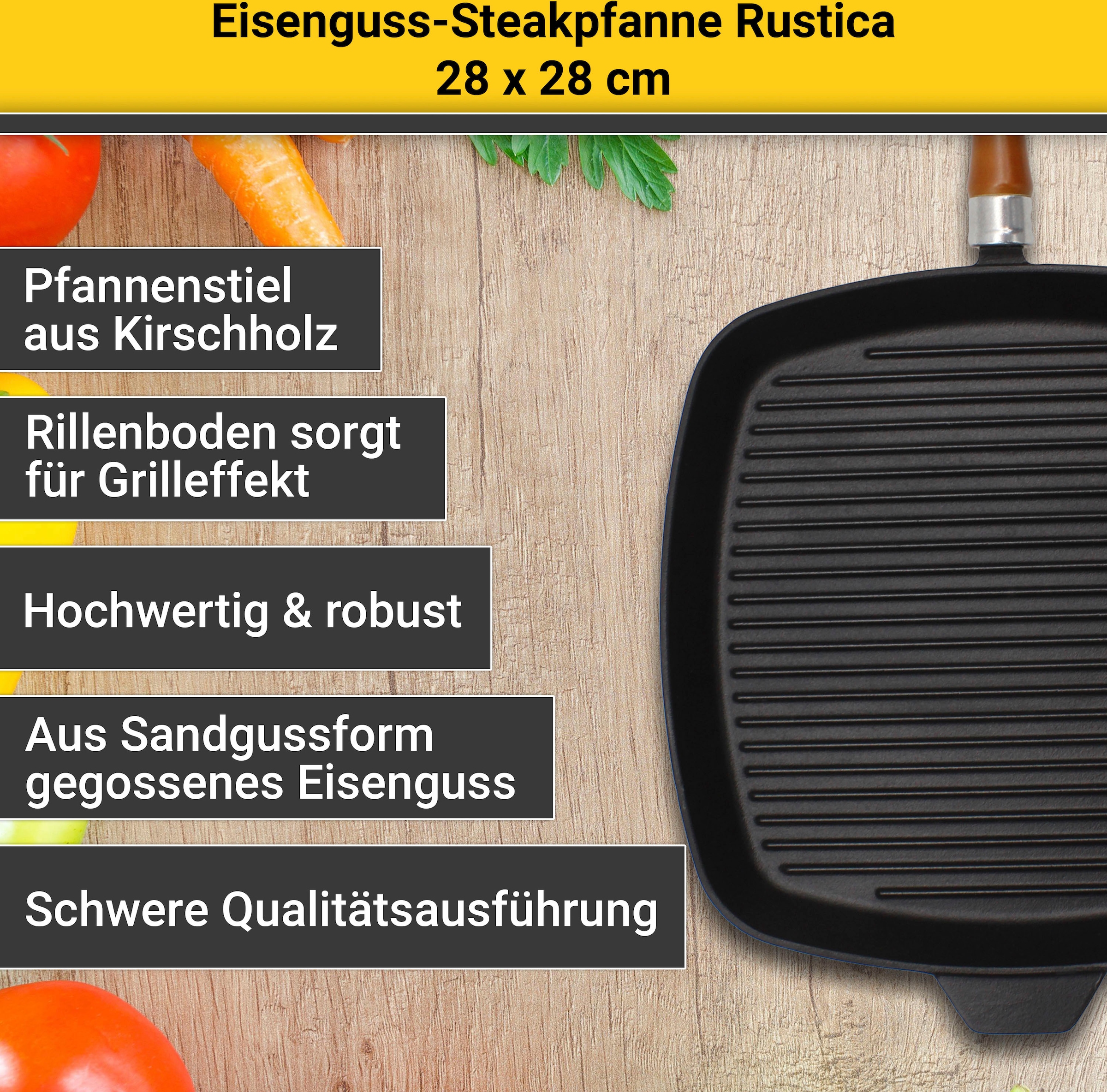 Krüger Steakpfanne »Einsenguss Grill-/ Steakpfanne RUSTICA, 28 x 28cm«, Gusseisen, (1 tlg.), für Induktions-Kochfelder geeignet