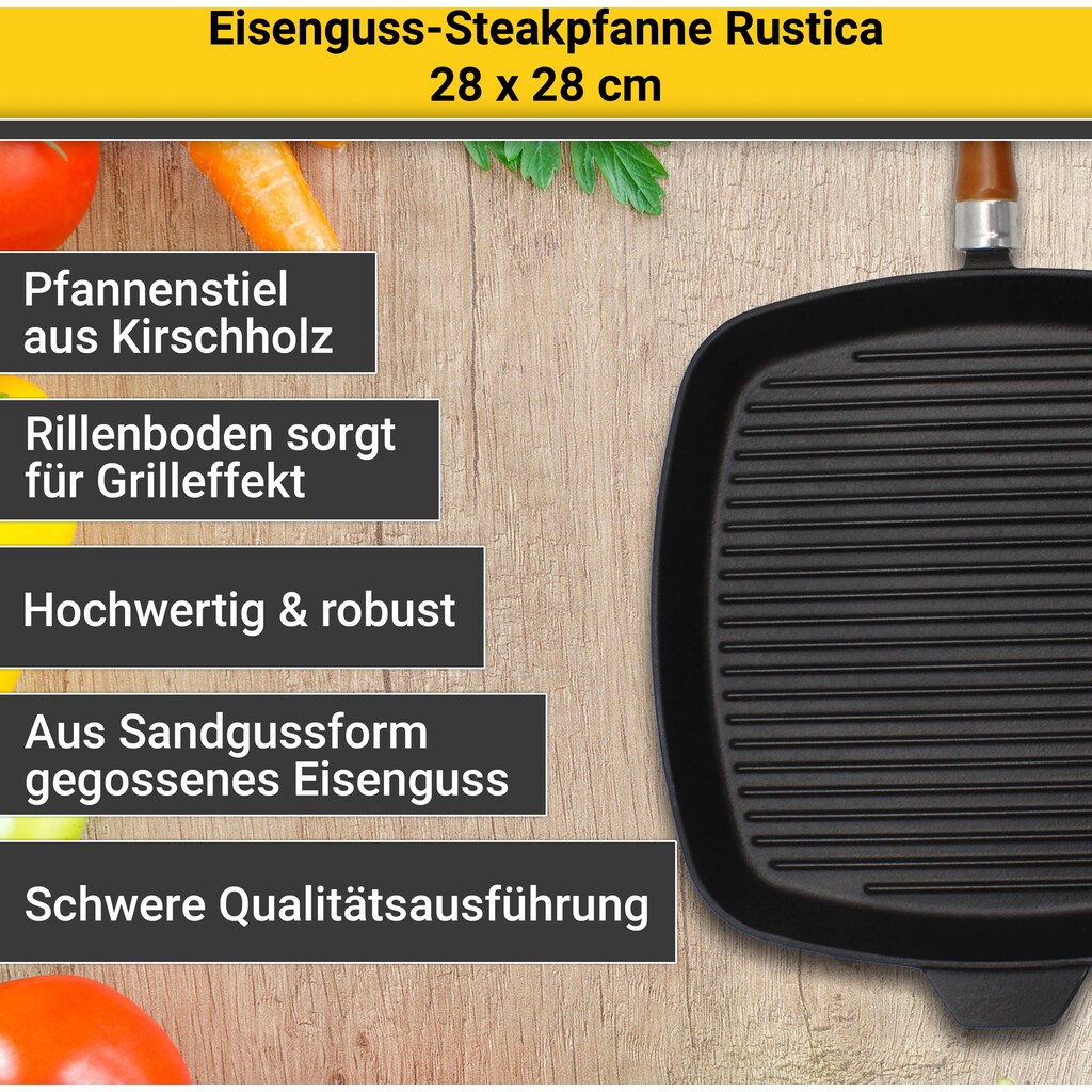 Krüger Steakpfanne »Einsenguss Grill-/ Steakpfanne RUSTICA, 28 x 28cm«, Gusseisen, (1 tlg.), für Induktions-Kochfelder geeignet