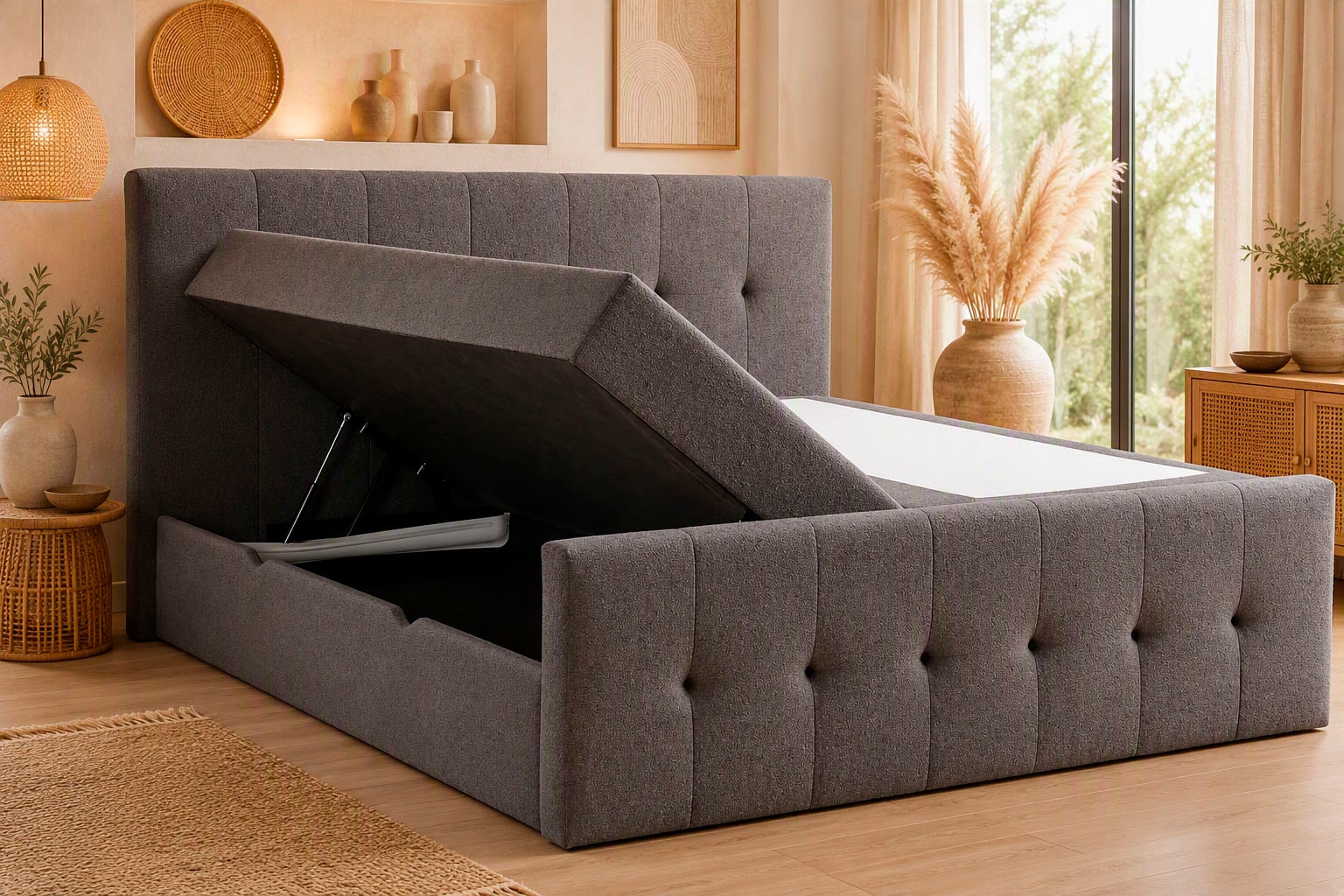 Home affaire Boxbett »TESSAJA, Polsterbett mit Bettkasten, inkl. Taschenfederkernmatratze H3« mit Anti-Slip-Topper, Strukturstoff-Bezug, Liegefläche 180x200 cm