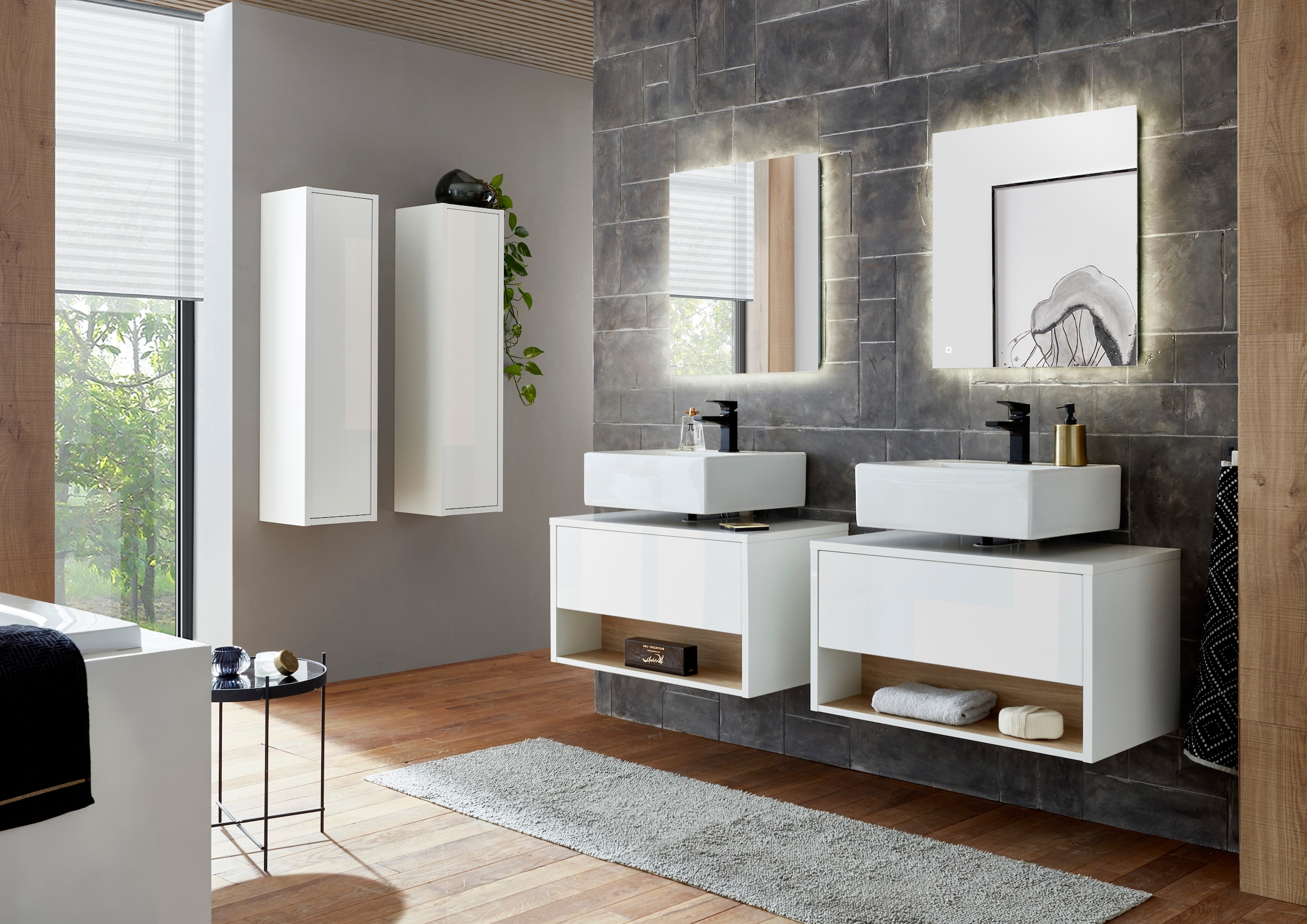 Places of Style Badmöbel-Set »Studio Line, Bad im modernen Design, 6-teiliges Badezimmer«, (6 St.), Schrank, Unterschrank und Spiegel, in zwei Farben verfügbar, Stauraum
