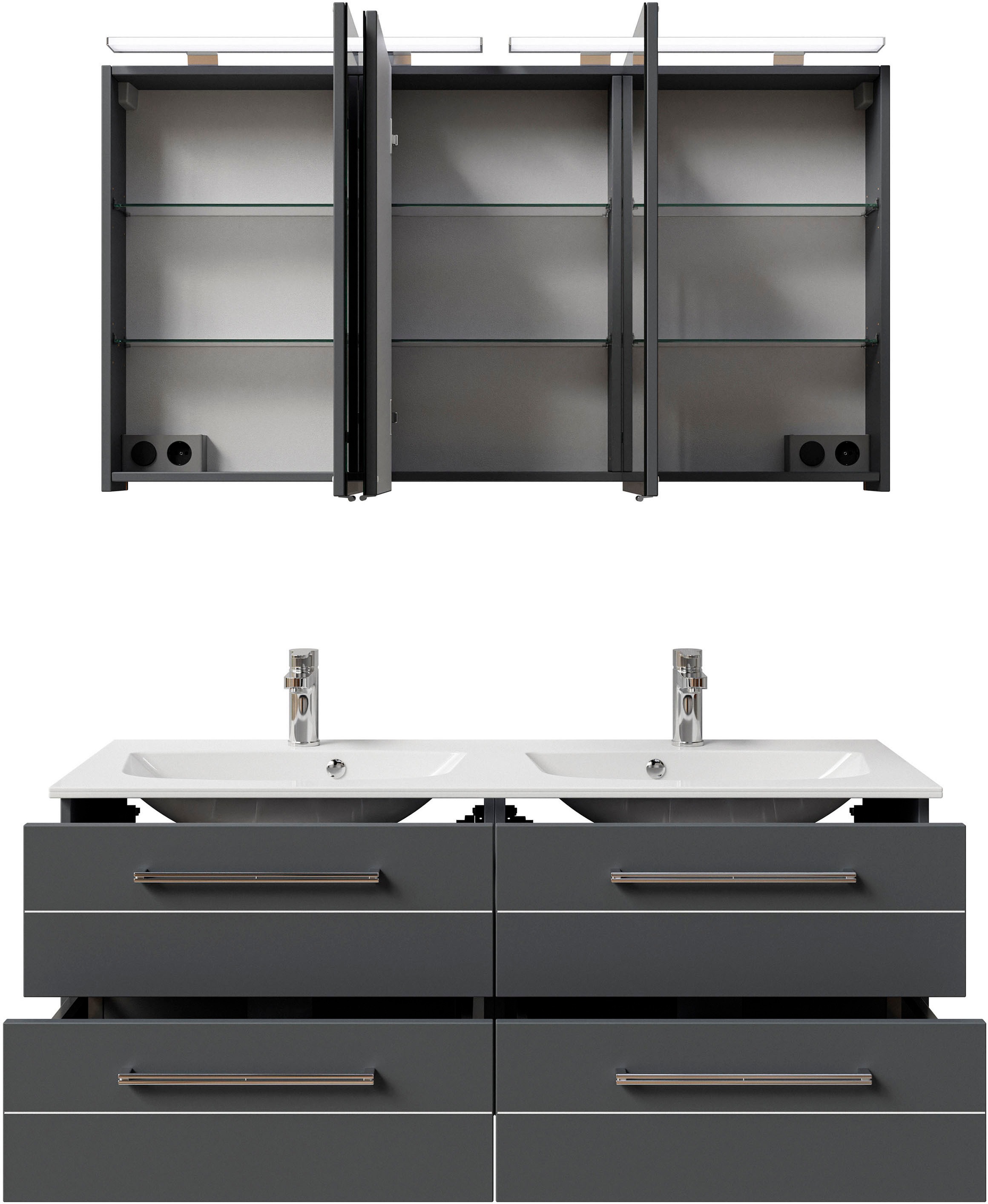 Thumbnail - Saphir Badmöbel-Set "Serie 6025 2-teilig Mineralmarmor-Waschtisch mit LED-Spiegelschrank", (2 St.), Waschplatz 132cm bre...