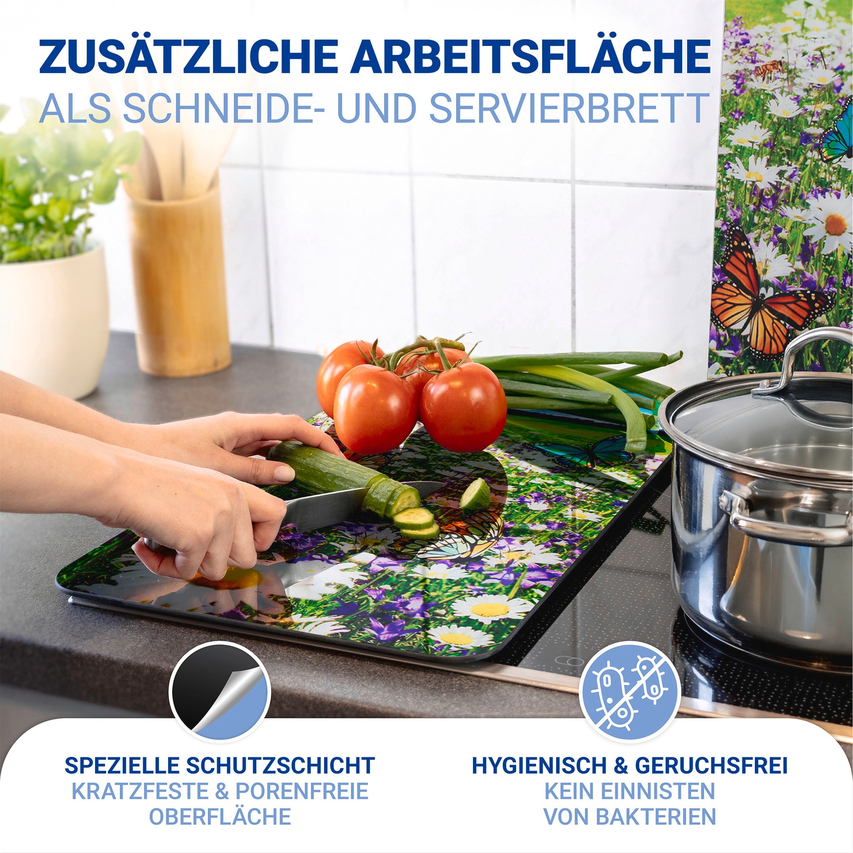 WENKO Herd-Abdeckplatte »Universal Modell Sommerwiese«, (Set, 2 tlg.), Herdabdeckung für alle Herdarten, kratzfest, mit rutschfesten Füßen